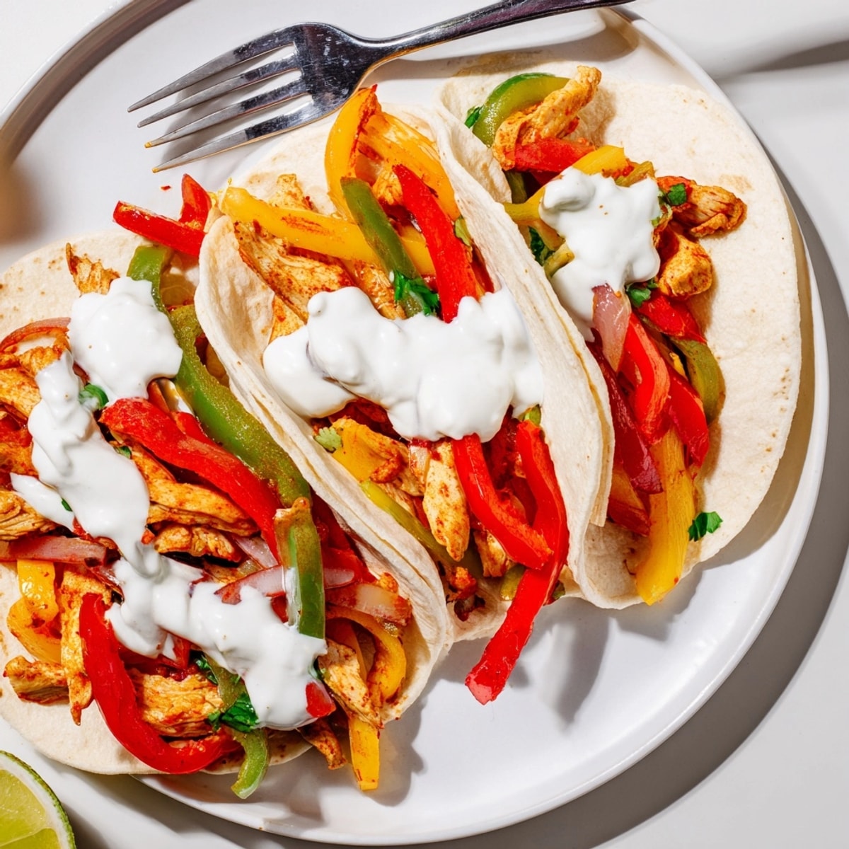 Sizzling Chicken Fajitas with Lime Crema: Colorful peppers and juicy chicken in tortillas.