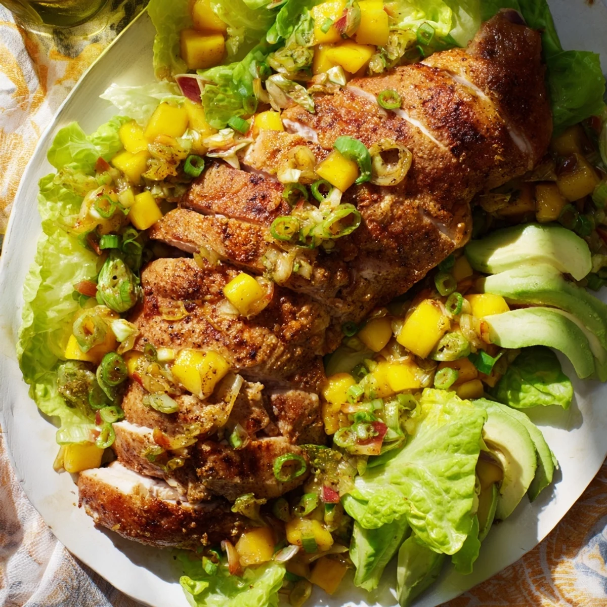 Grilled chicken and mango salsa lettuce wraps, a fresh and colorful bowl meal served in leafy lettuce.