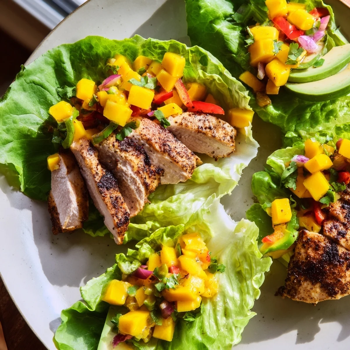 Juicy grilled chicken and vibrant mango salsa filling delicate, crisp lettuce wraps for a satisfying meal.