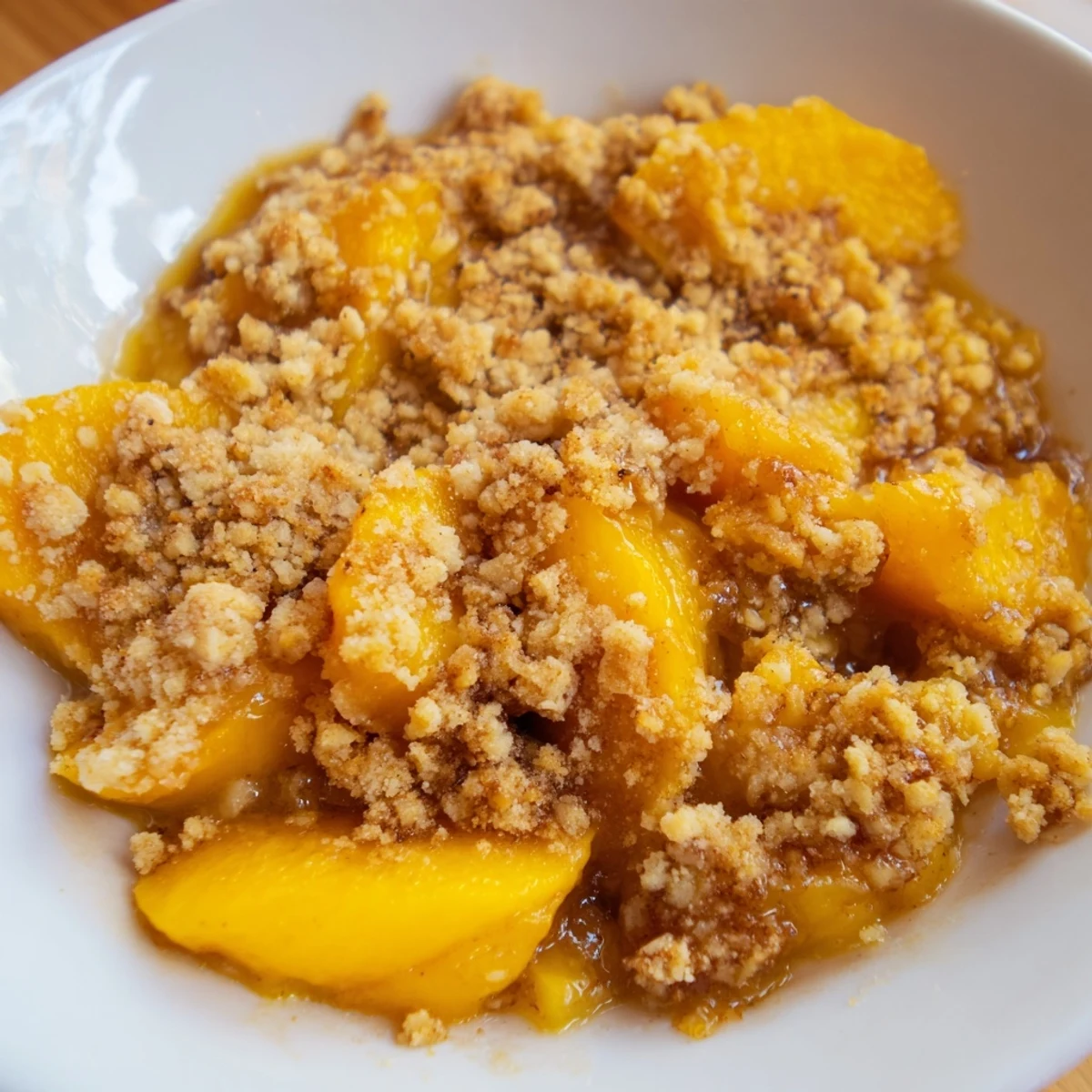 Warm Peach and Ginger Crumble, bubbly and golden, a perfect dessert aroma fills the air.