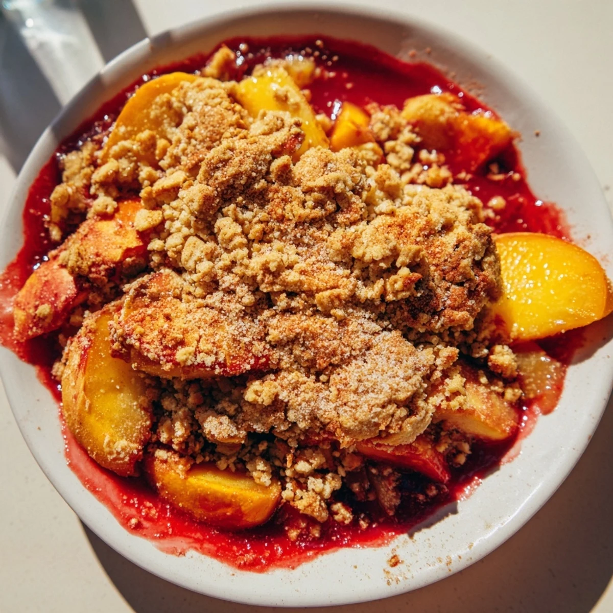 This Peach and Ginger Crumble features juicy peaches baked under a buttery, spiced, golden crumble topping.