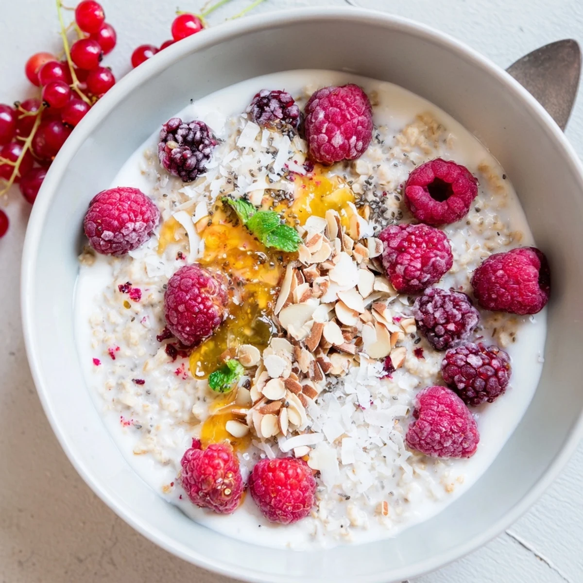 Cold, creamy Overnight Oats with berries, topped with golden honey, a perfect, refreshing breakfast.