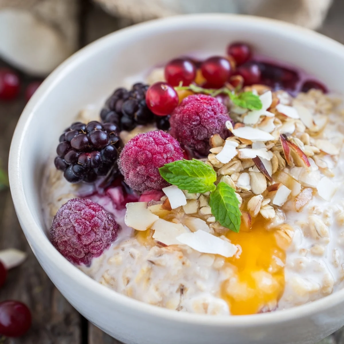 Delicious, colorful Overnight Oats presented in a bowl, featuring vibrant berries and a sweet honey drizzle.