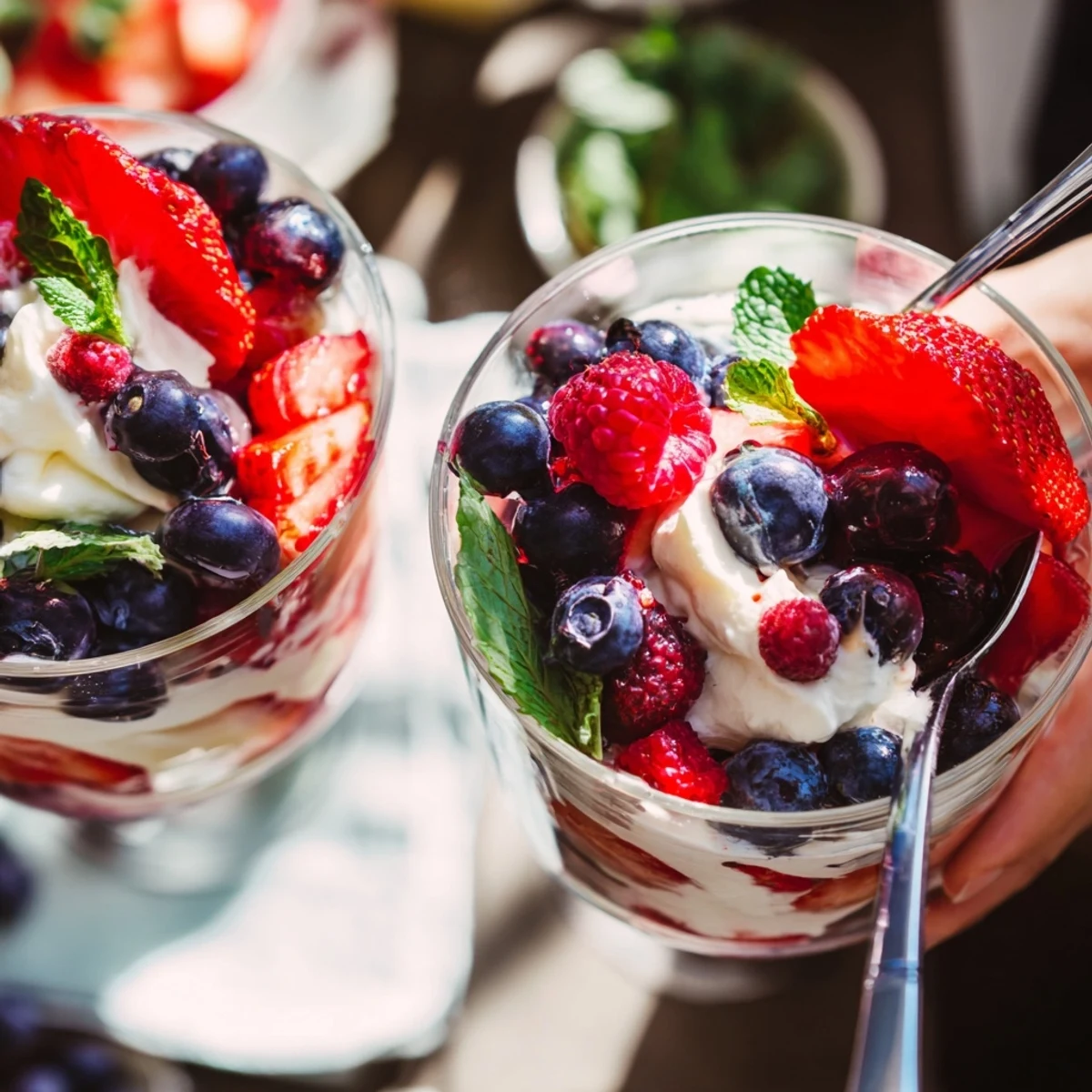 A layered Berry Parfait with creamy whipped cream and vibrant juicy berries, ready to enjoy.