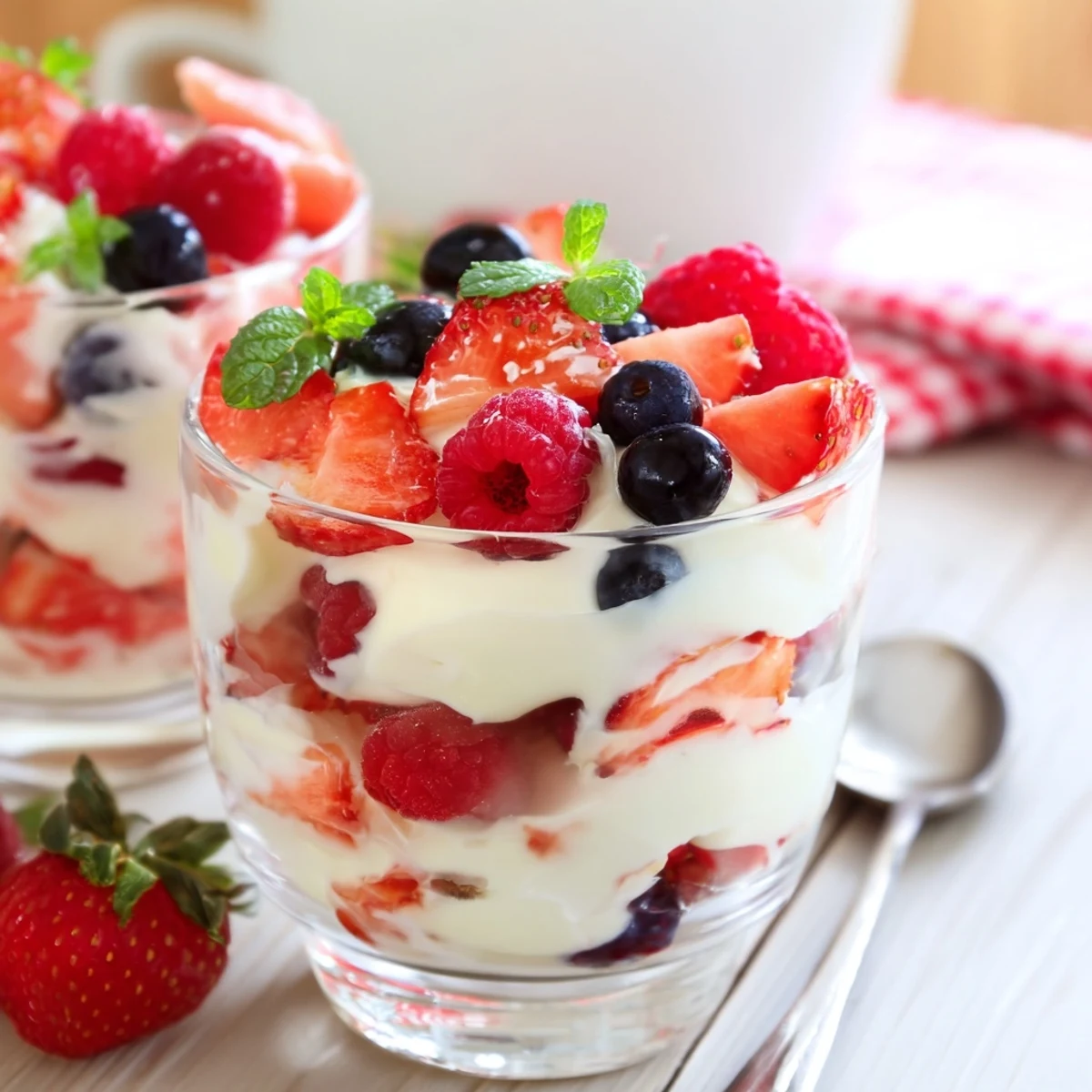 See the luscious presentation of a Berry Parfait, a sweet treat with mixed berries and whipped cream peaks.