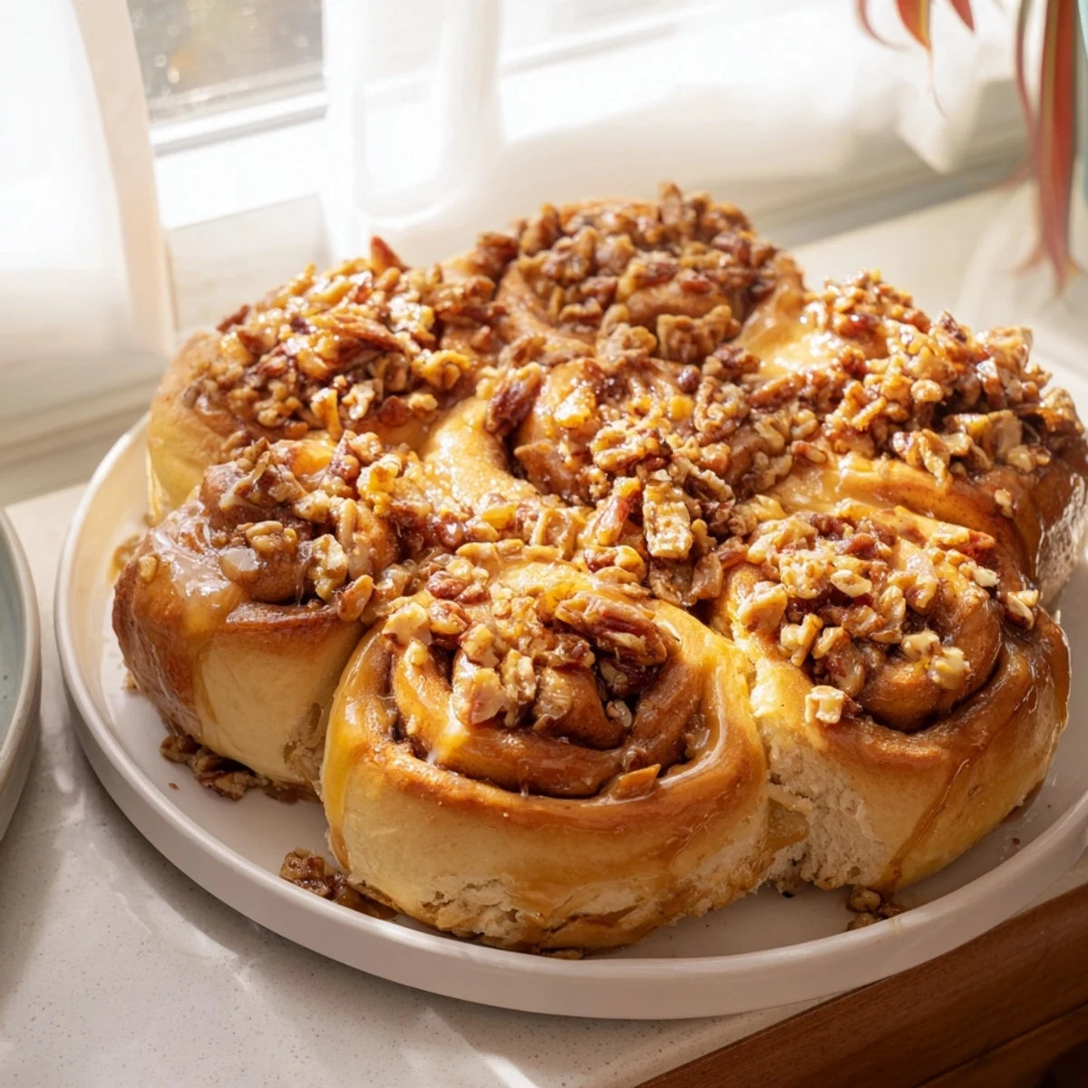 Inverted plate showing the sticky, pecan-covered bottoms of homemade Maple Pecan Sticky Buns, ready to eat.