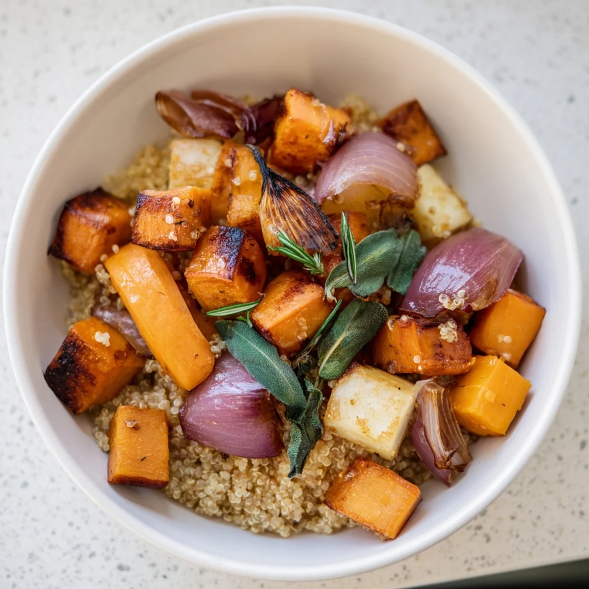 Golden roasted root vegetables in a warm herb bowl, garnished with fresh herbs, ready to serve.