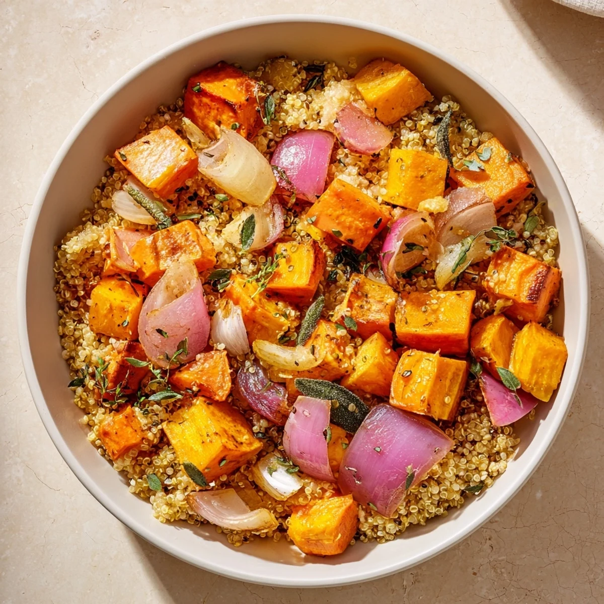 Savory warm herb bowl with fluffy grains, colorful roasted root veggies, and fresh greens.