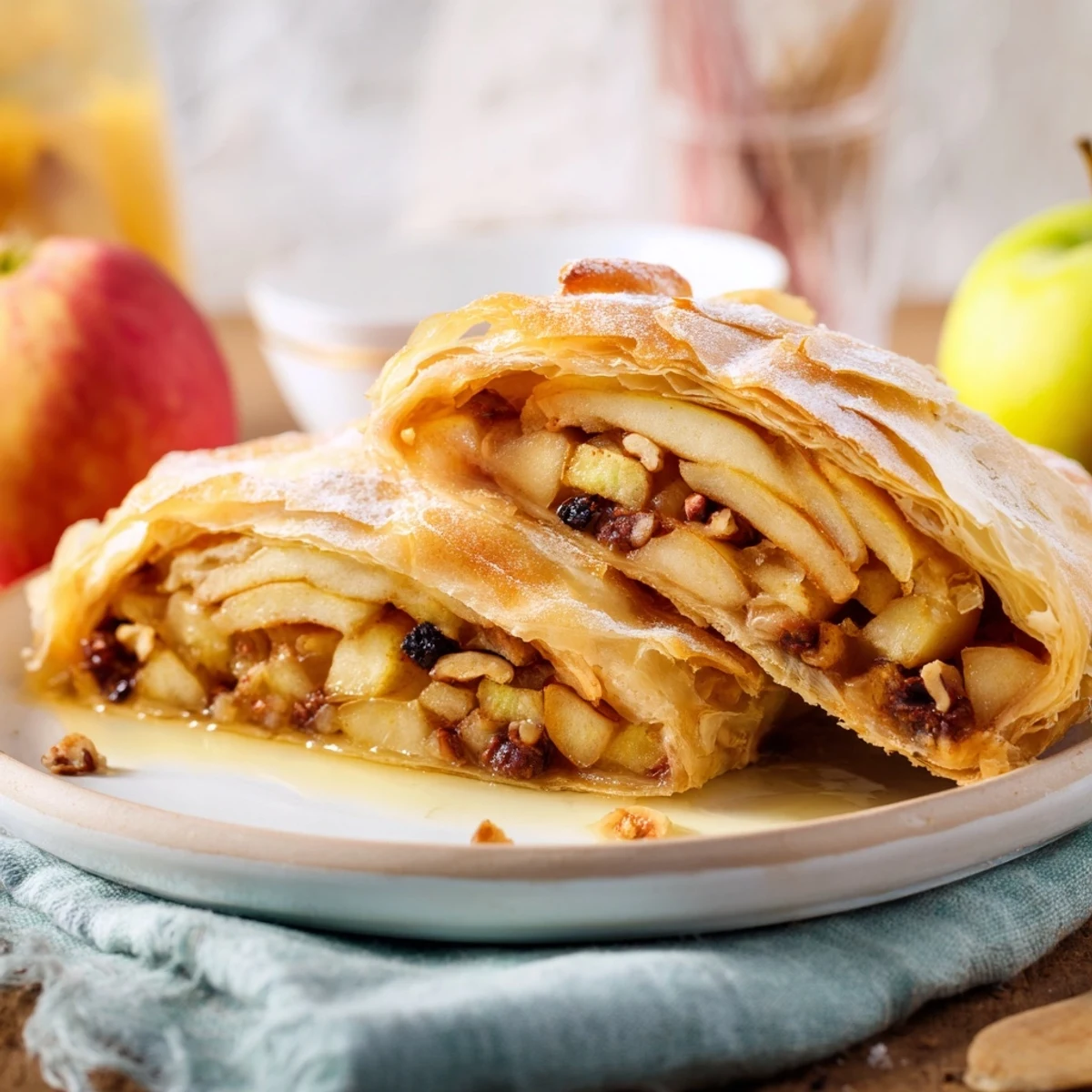 Golden-brown Apple Strudel with flaky layers, filled with spiced apples and served warm.