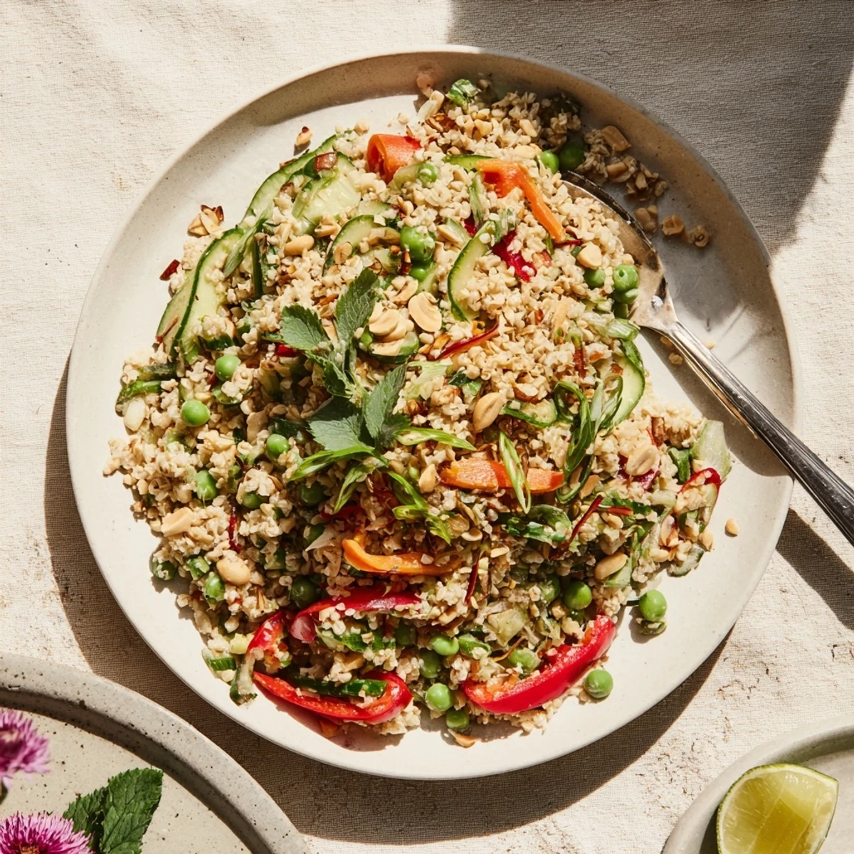 Cool noodles and fresh cilantro adorn this beautiful Spicy Peanut Noodle Salad, ready to enjoy.