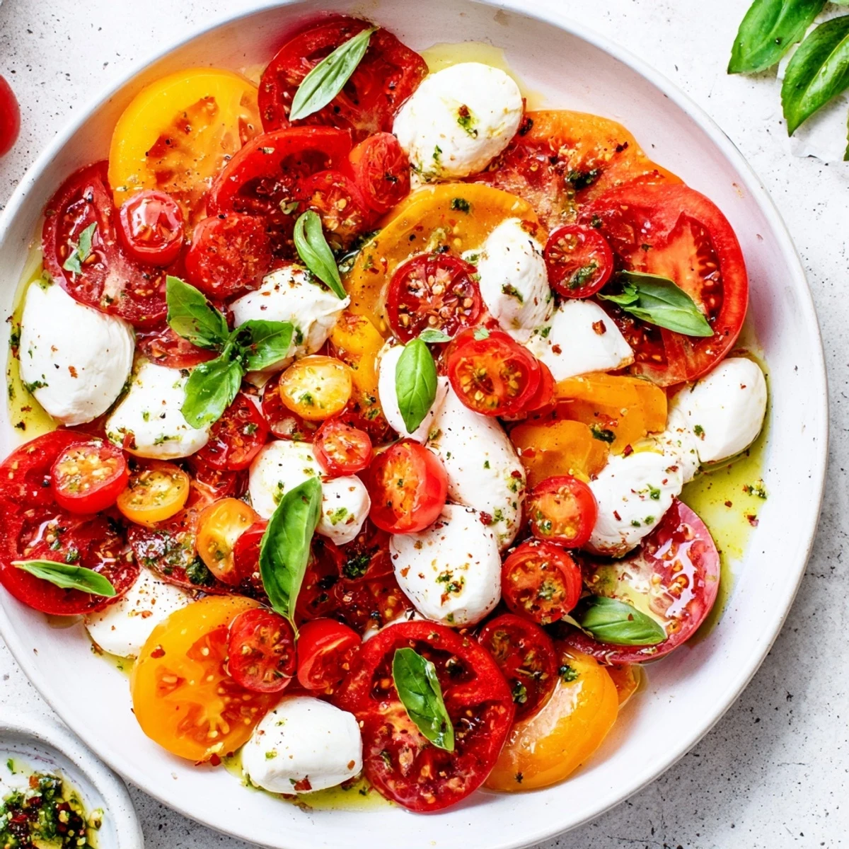 Caprese salad with fresh basil vinaigrette, drizzled over layered tomatoes and mozzarella, looks utterly delicious.