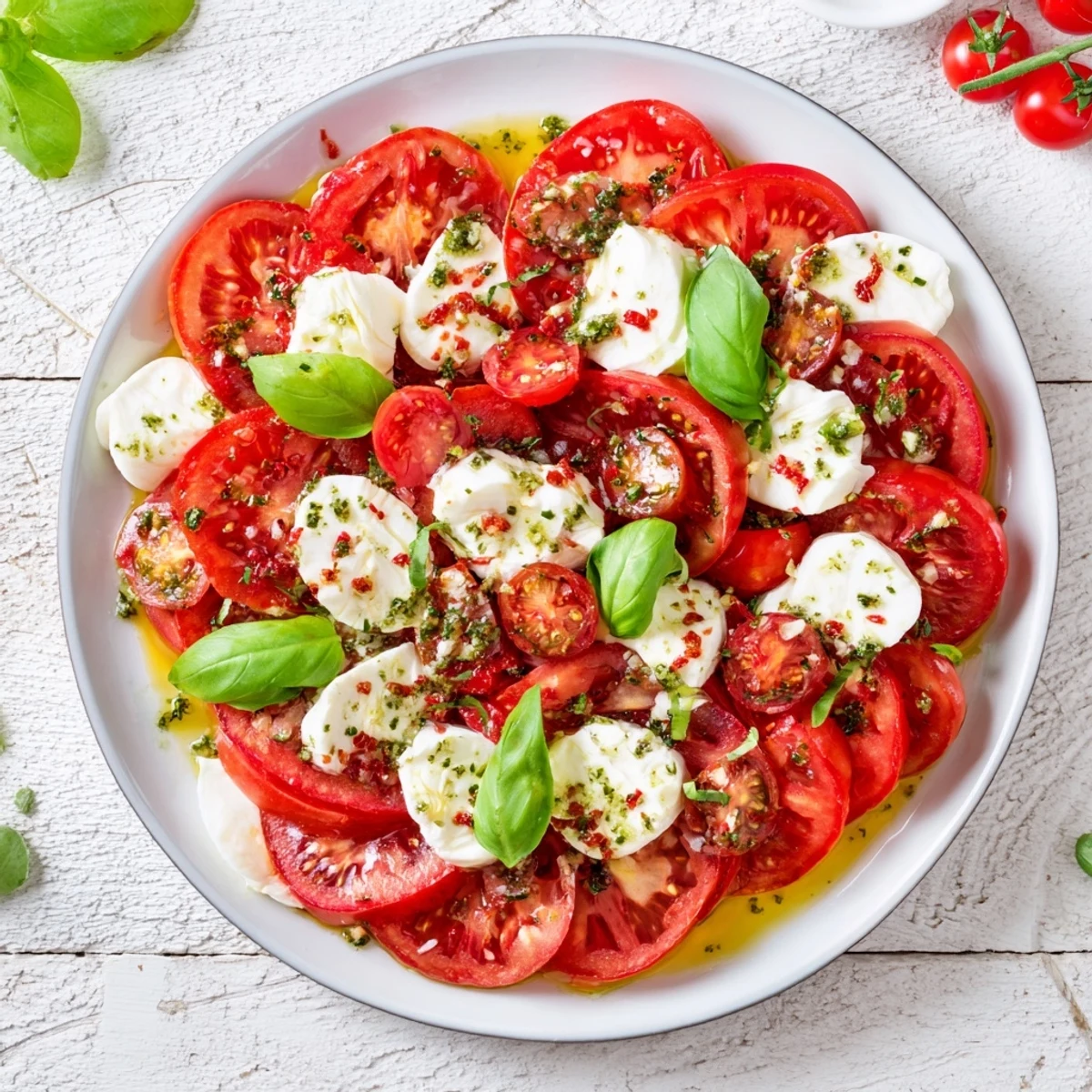 The Caprese salad shows a colorful mix of tomatoes, creamy mozzarella, and a tangy basil vinaigrette dressing.