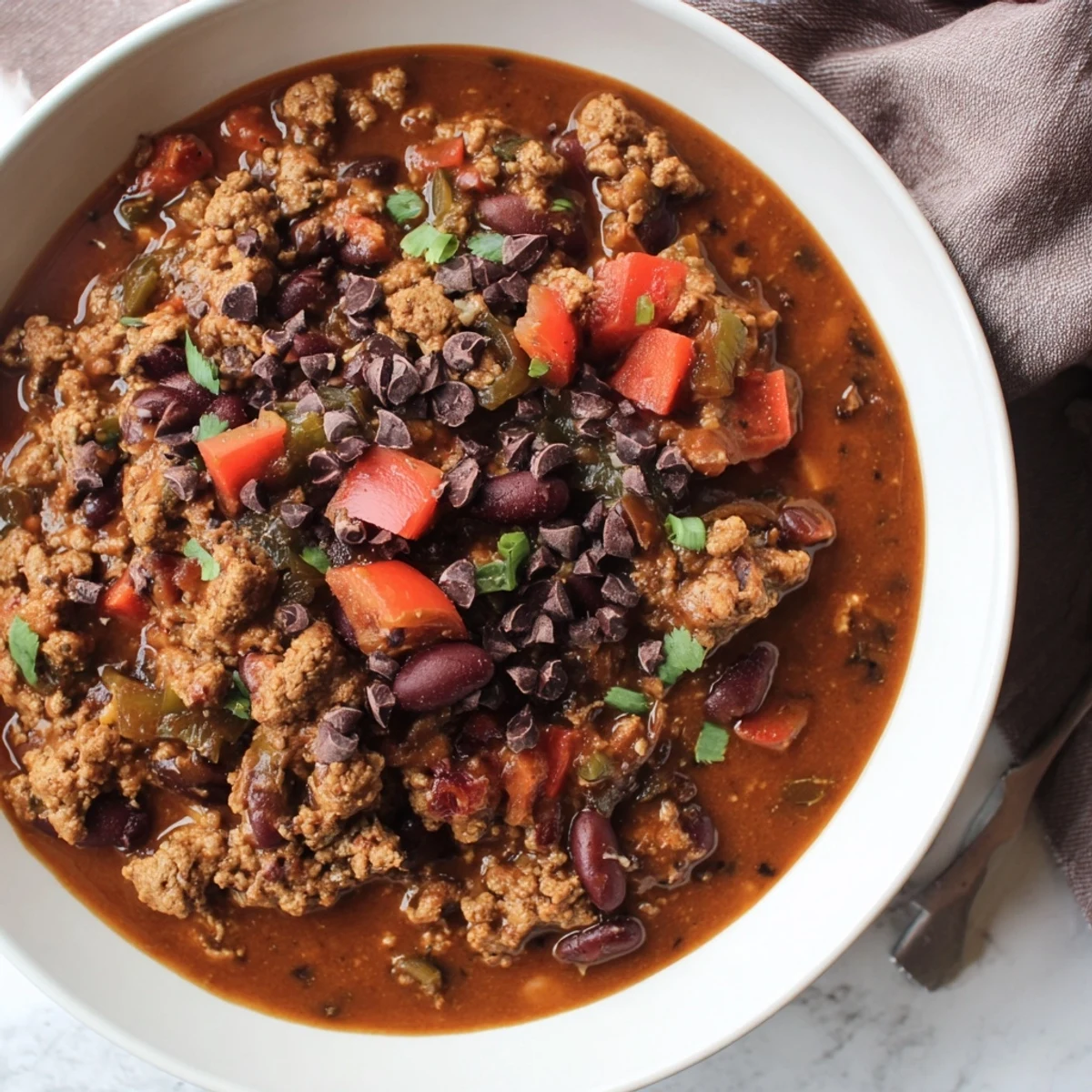 Steaming bowl of One-Pot Cozy Chocolate Chili, rich with beef and beans, ready to enjoy.