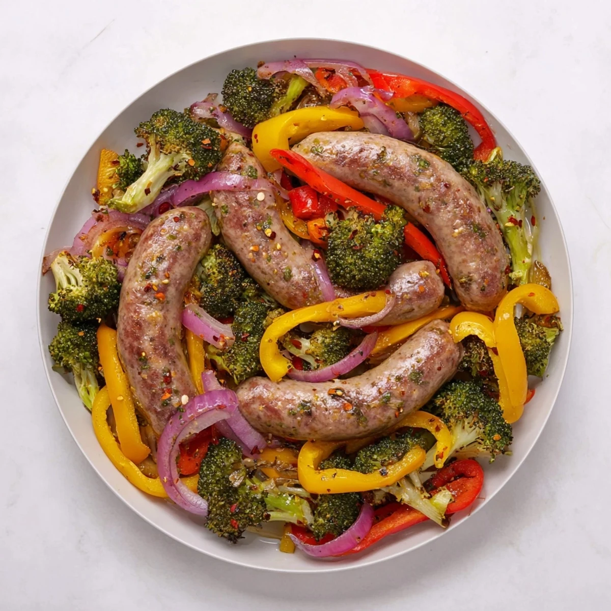 Juicy Simple Rustic Sheet-Pan Sausage, Broccoli, and Bell Peppers, roasted with colorful vegetables and herbs.