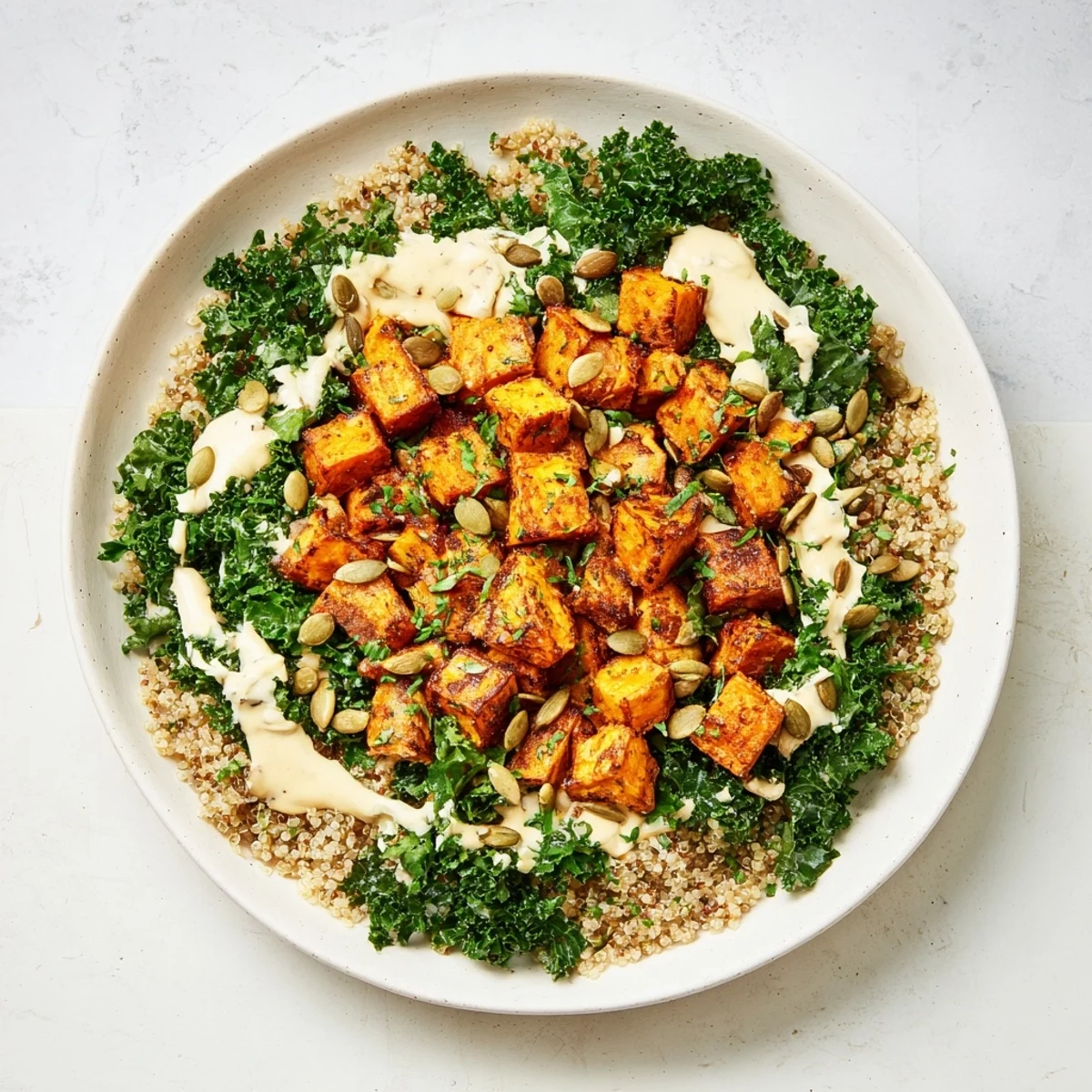Light Coastal Bowl starring vibrant quinoa, roasted sweet potatoes, and kale, drizzled with lemon-tahini dressing.
