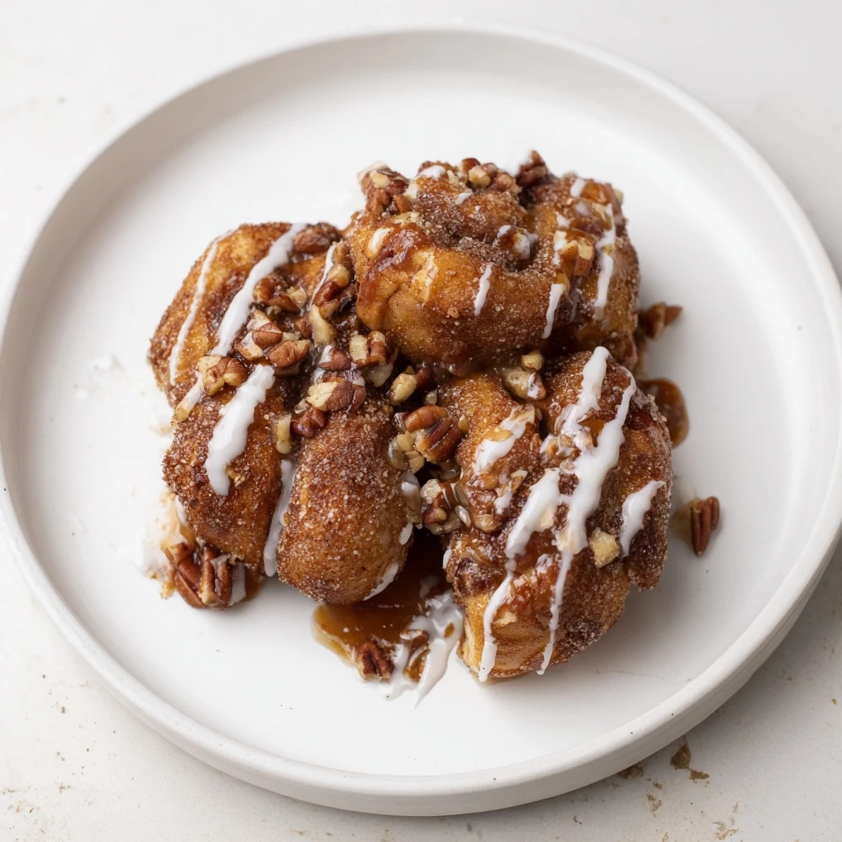 Golden pull-apart cinnamon roll monkey bread glistening with caramelized sugar and icing.