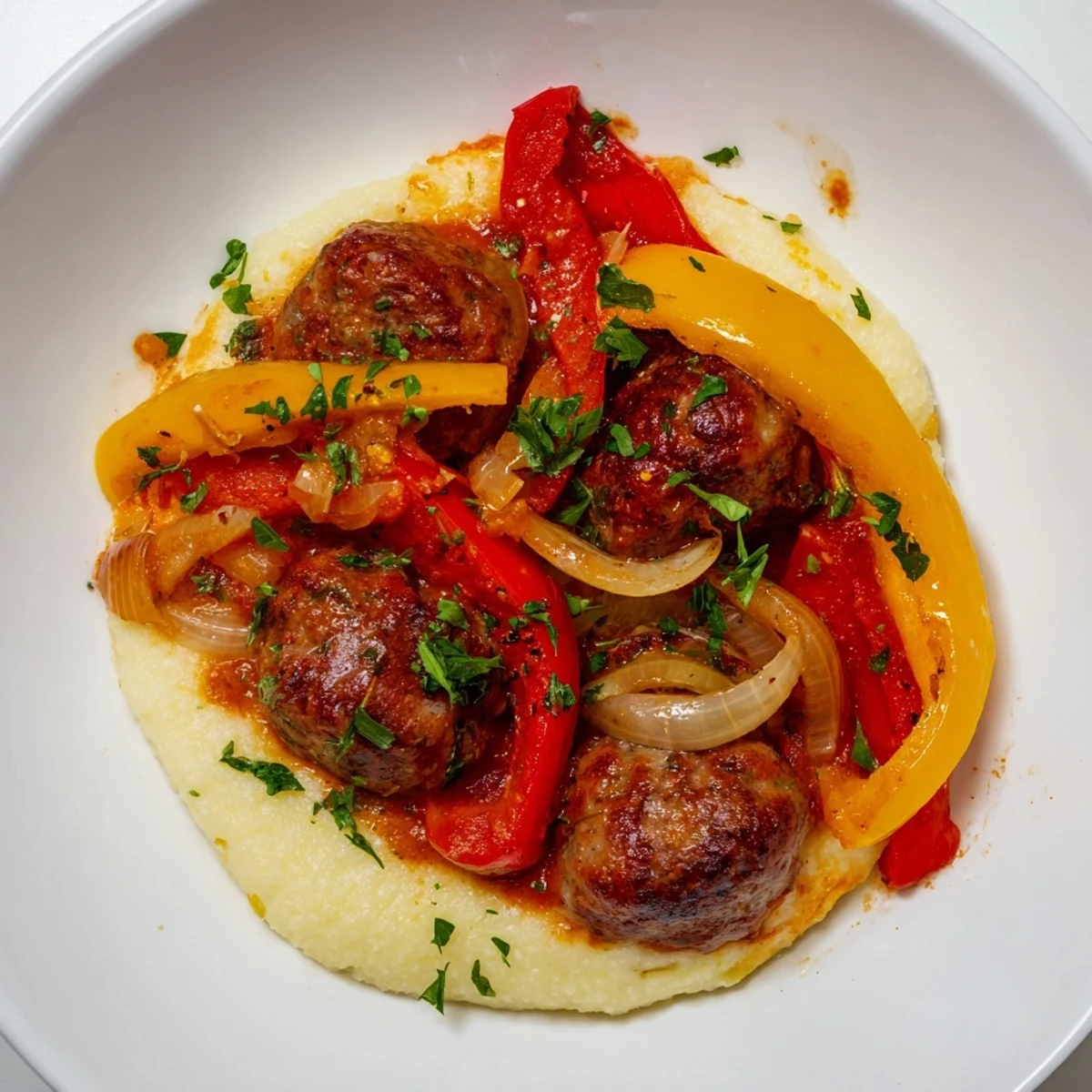 Golden brown Herb-Cozy Skillet Sausage and Peppers steaming, served over a bed of creamy polenta.