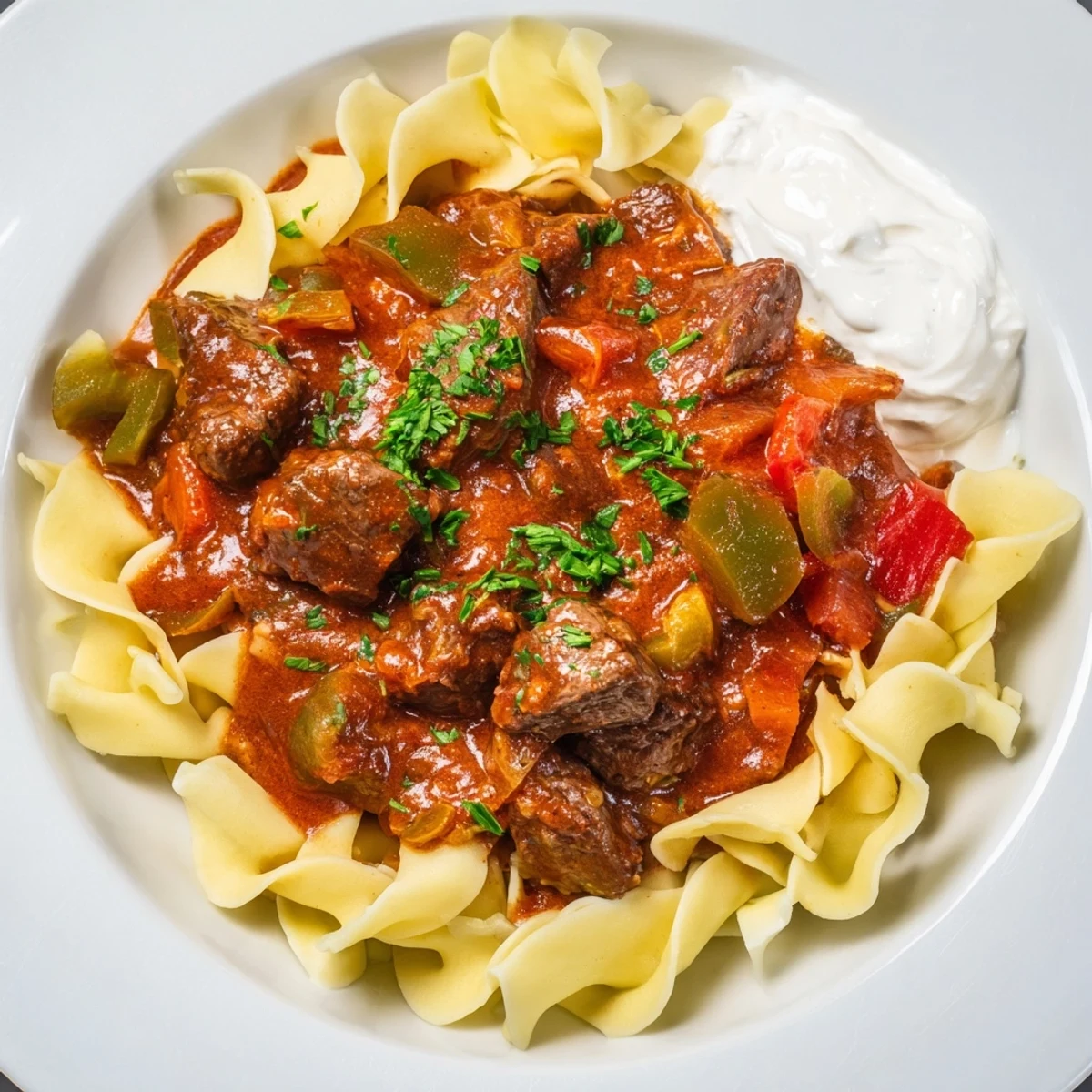 Steaming Hungarian Goulash over egg noodles, a rich beef stew topped with fresh parsley.