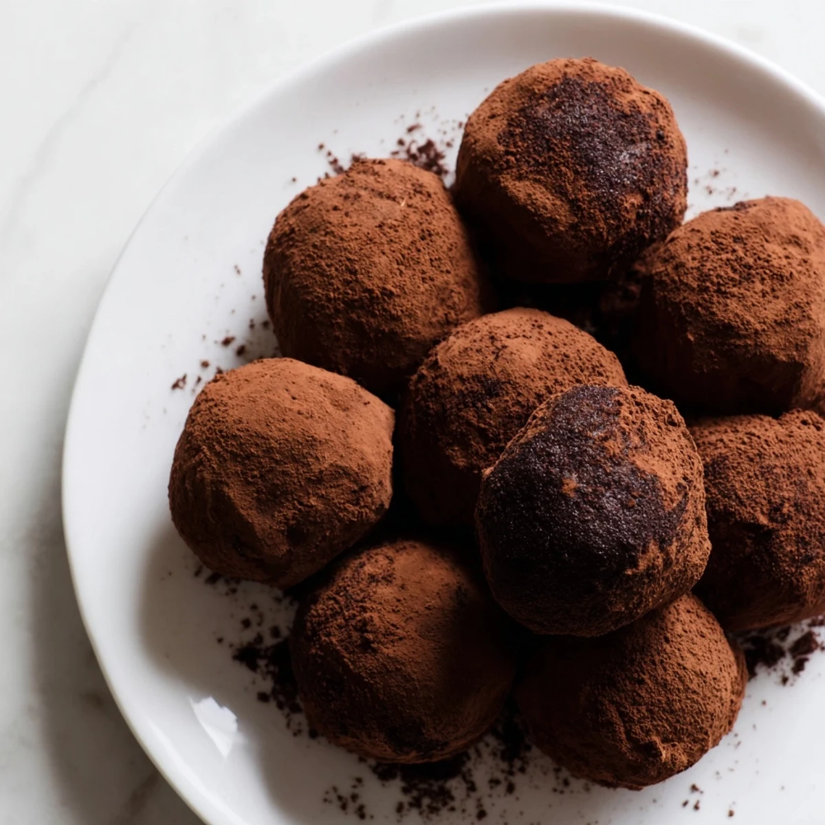 Decadent dark chocolate truffles, a rich and velvety dessert, rolled in cocoa powder for a sweet treat.