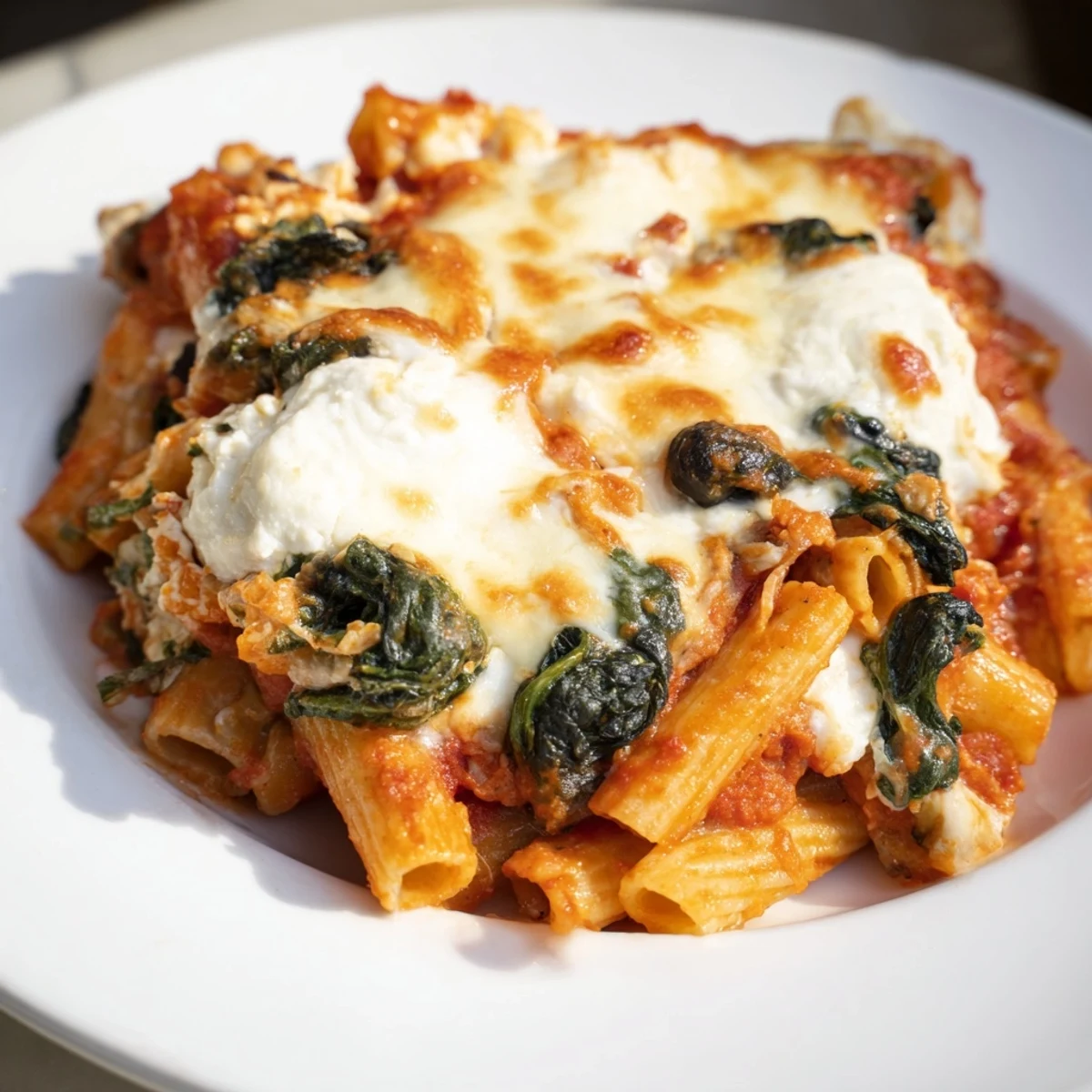 Warm, bubbly Olive-Baked Ziti nestled in a baking dish, ready to be served with a fork.