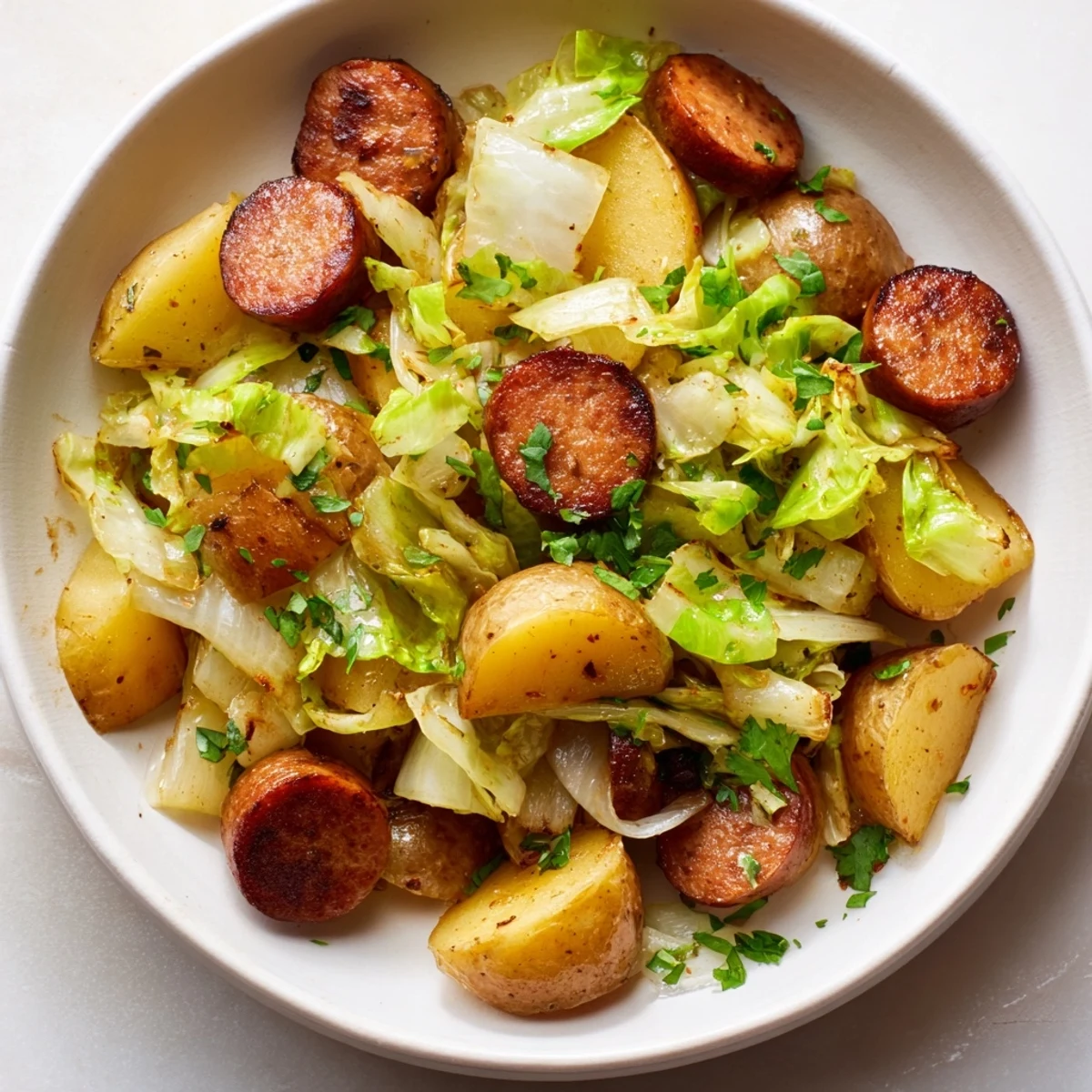 Golden-brown Rustic Flint-Style Skillet: the kielbasa and cabbage hash is a hearty, flavorful skillet meal.