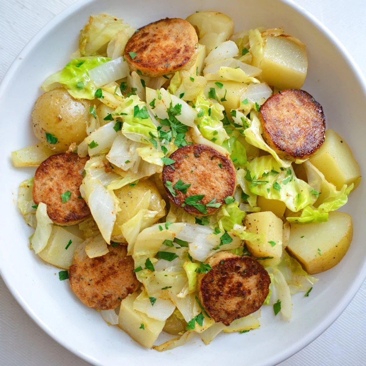 Close-up of a sizzling Rustic Flint-Style Skillet with kielbasa and cabbage hash, ready to be served.