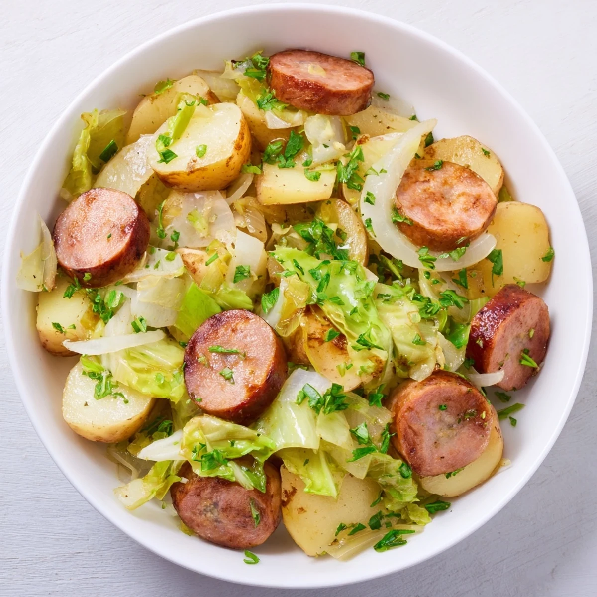 Delicious Rustic Flint-Style Skillet showing kielbasa and cabbage hash with potatoes and vegetables, a perfect dinner.