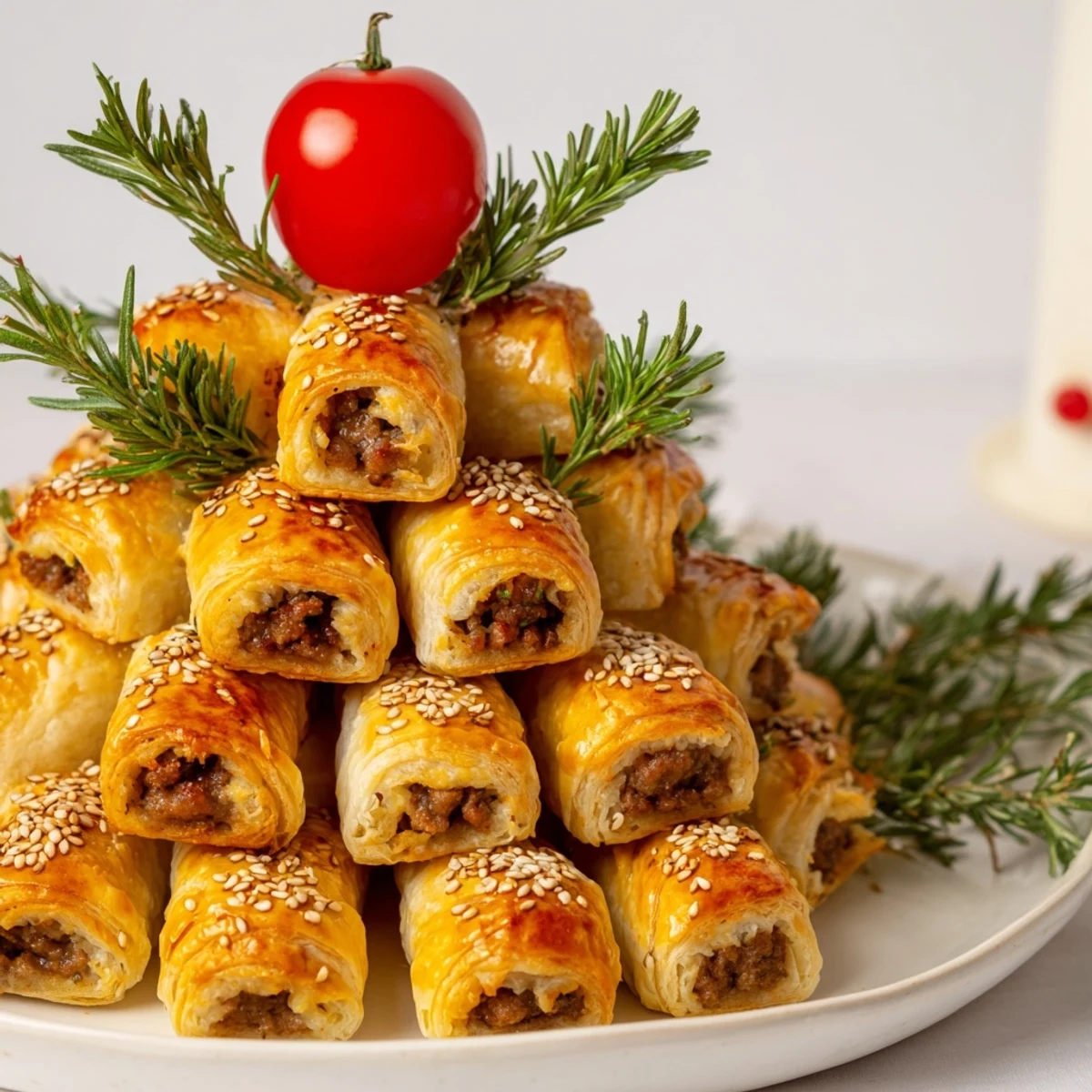 Golden, flaky savory bites: Mini sausage roll Christmas tree, perfect holiday appetizer presentation.