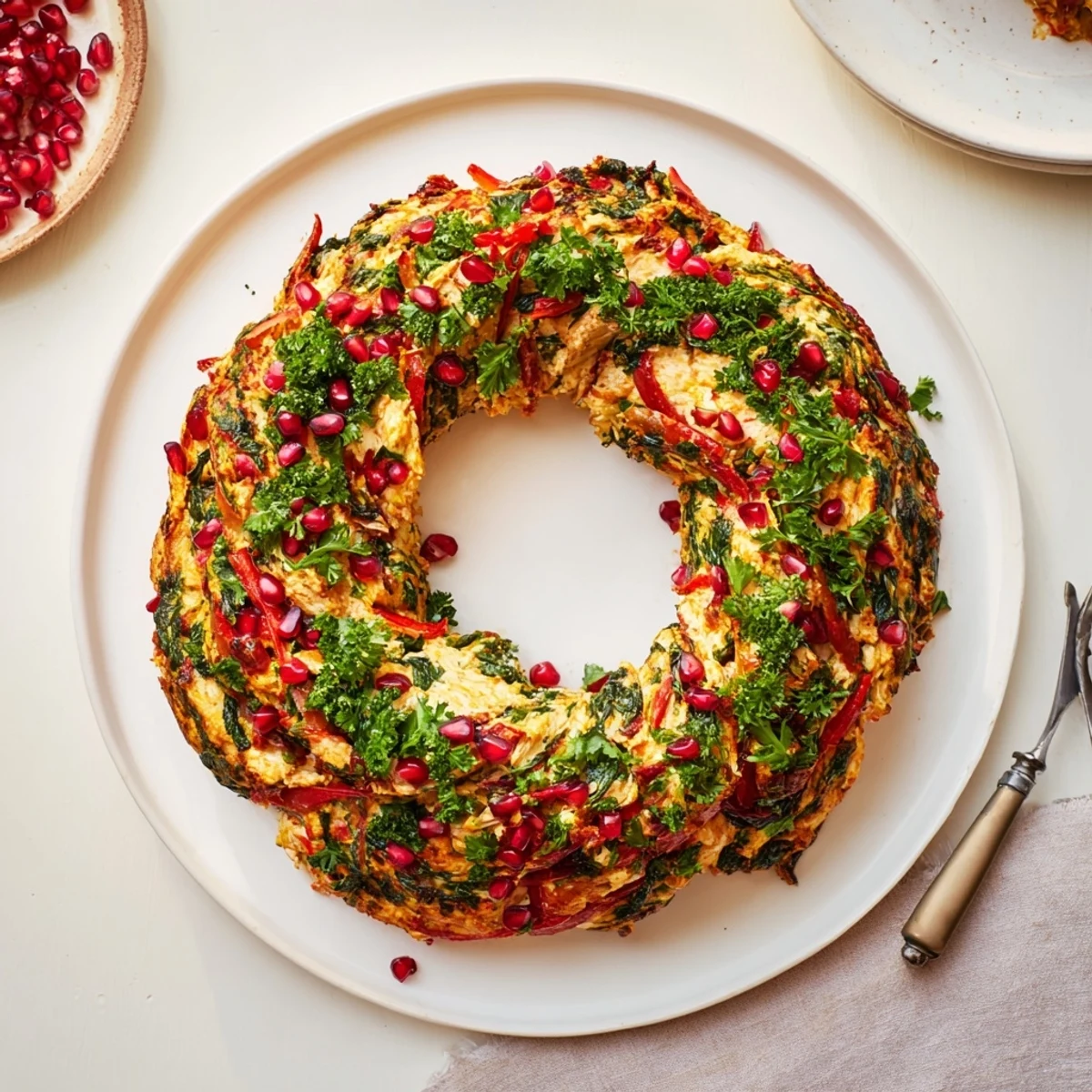 Vivid image of a homemade Red Pepper and Spinach Dip Wreath garnished with fresh parsley and seeds.