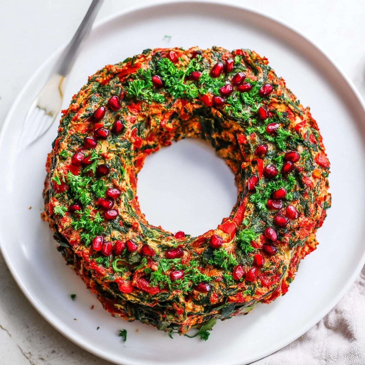 Holiday-ready Red Pepper and Spinach Dip Wreath, a vegetarian and gluten-free snack option.