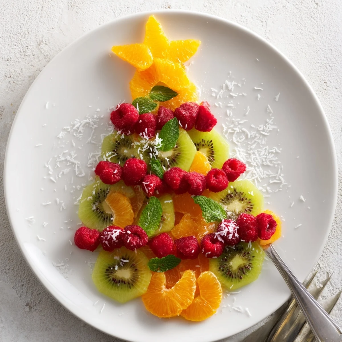 Kiwi and raspberry Christmas tree fruit plate: vibrant kiwi slices and bright raspberries create a festive holiday appetizer.
