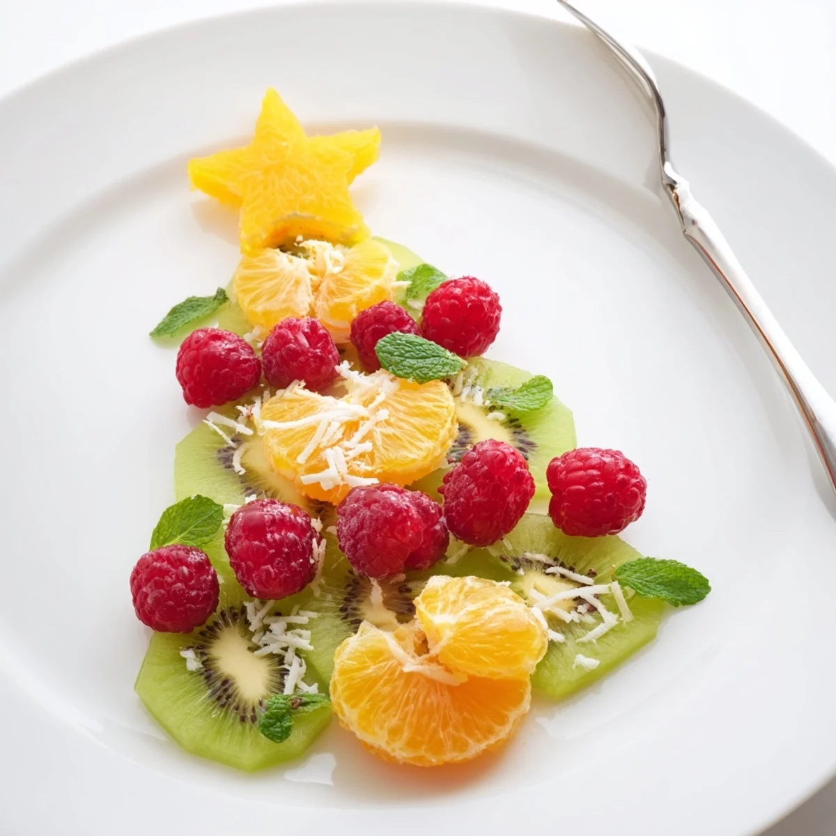 Fresh kiwi and raspberry arrangement transforms into a visually stunning Christmas tree fruit plate, ready to serve and enjoy.