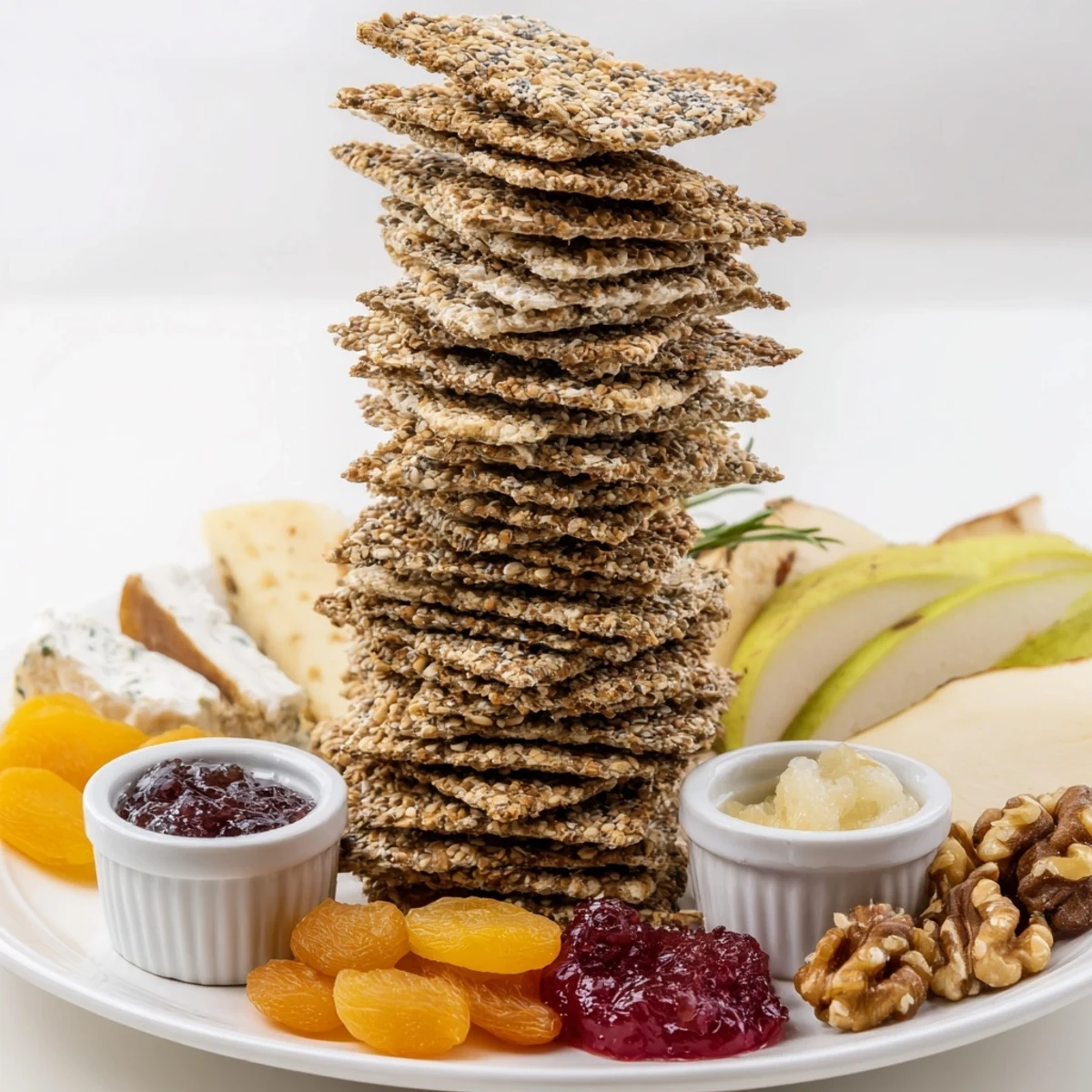 Gourmet crackers arranged in a stunning tower, accompanied by colorful preserves and fresh fruit.