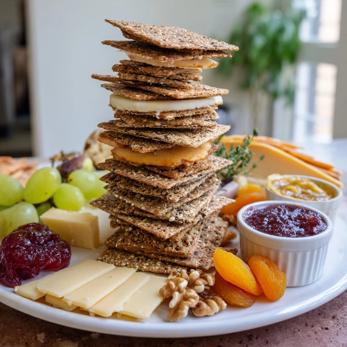 Artisanal gourmet crackers are the foundation for this savory and sophisticated party appetizer.