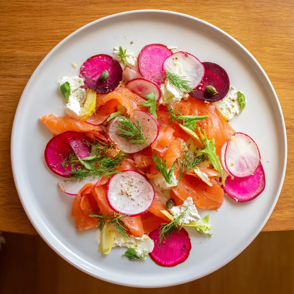 Vibrant presentation of Winter Harvest Smoked Salmon Board, featuring beets, fennel, and creamy cheeses for a flavorful party.