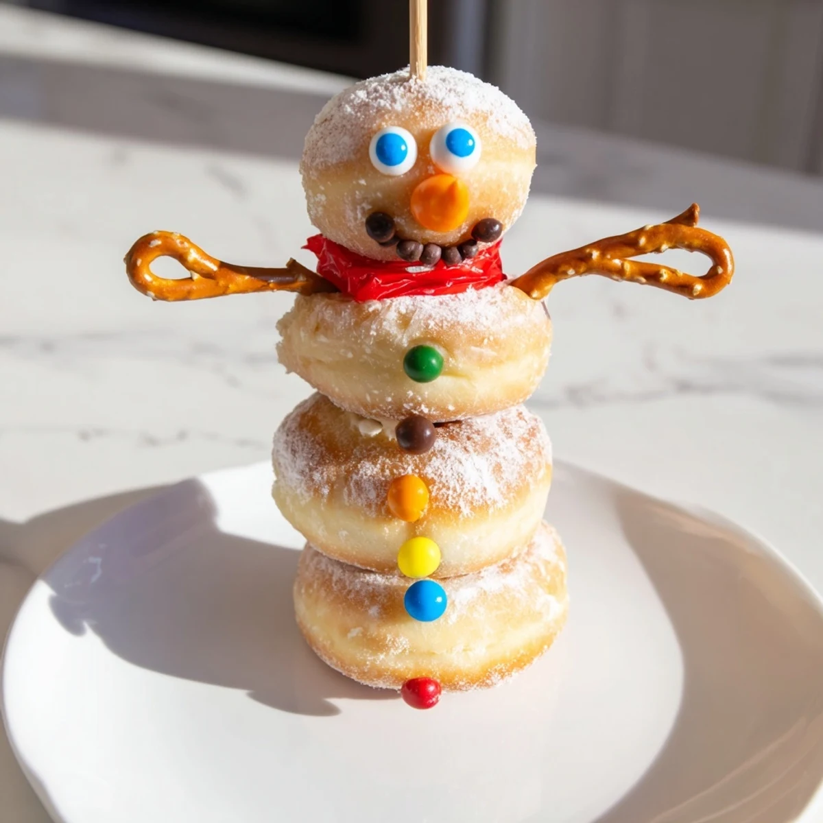 Mini Donut Snowman stacks on a platter, ready to eat, a fun and festive holiday treat.