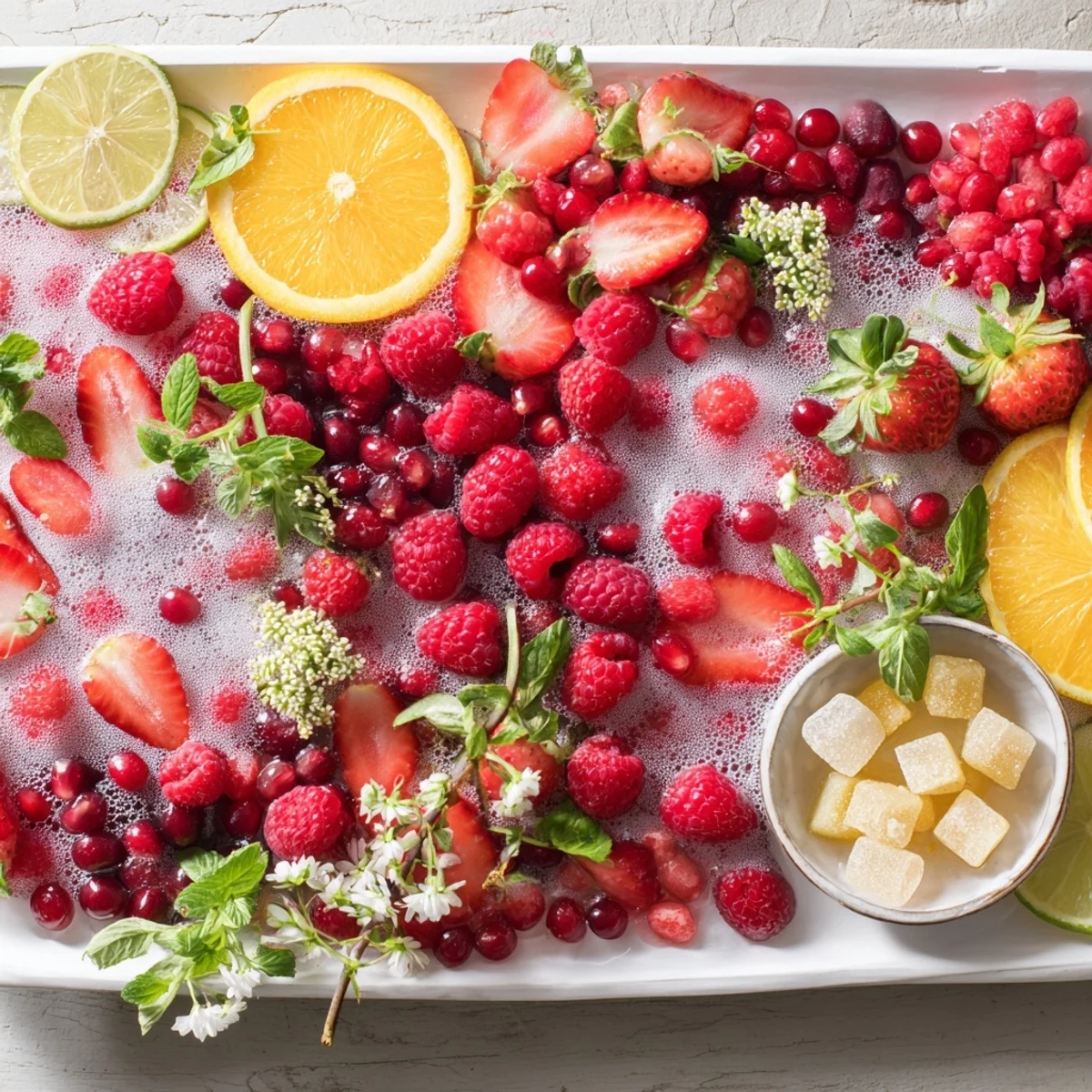 Imagine the fizzy fun: this Bubbly Bar Garnish Platter has vibrant fruit and edible glitter accents.