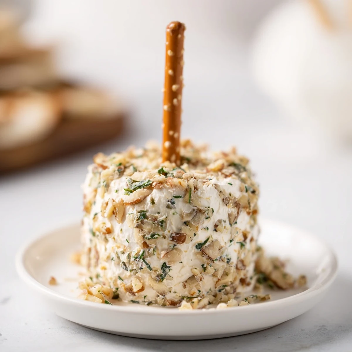 Creamy Champagne Cork Cheese Balls shaped like corks sit ready, next to their pretzel stick "stems".
