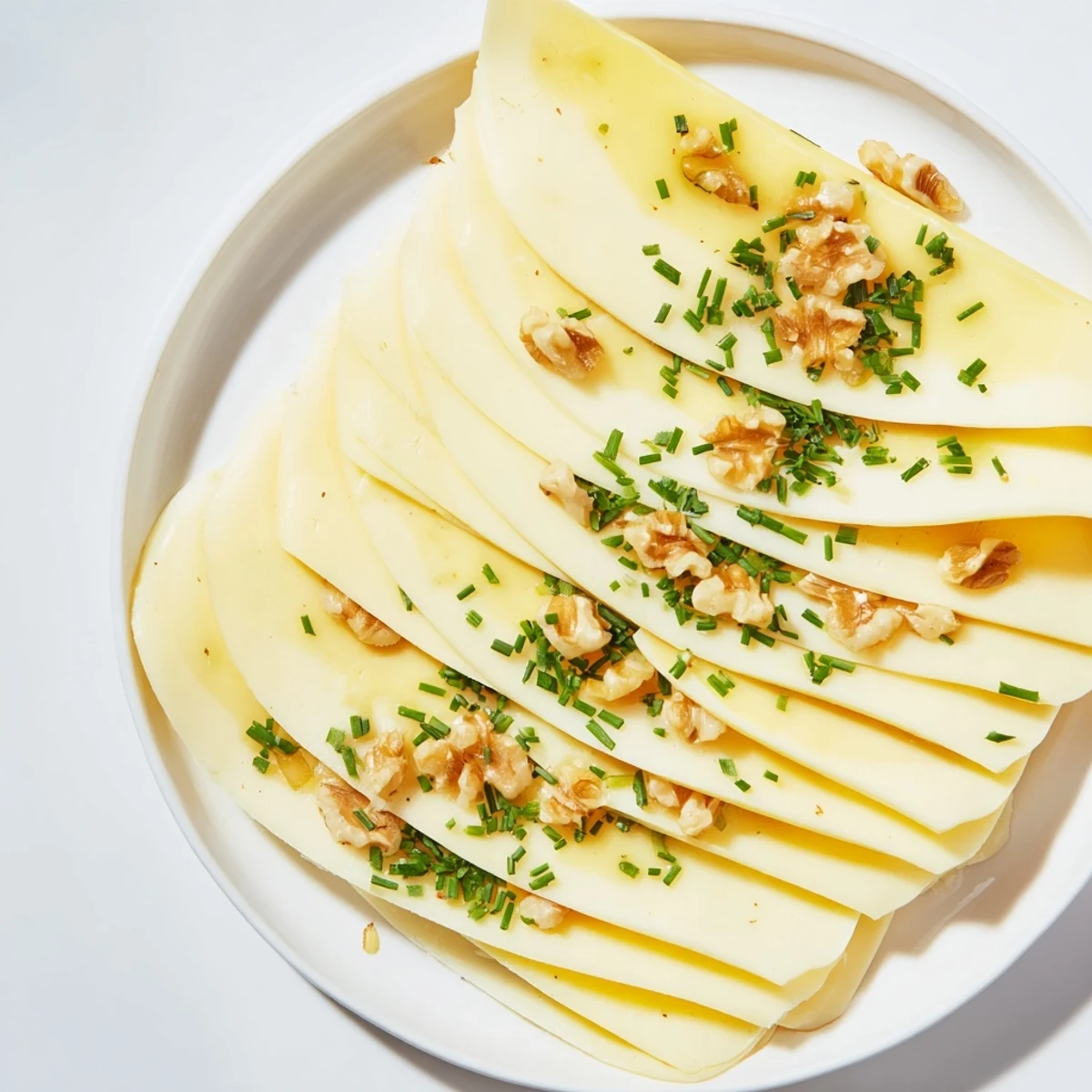 Thinly sliced Swiss cheese layered with fresh herbs, a quick and delicious snack option.