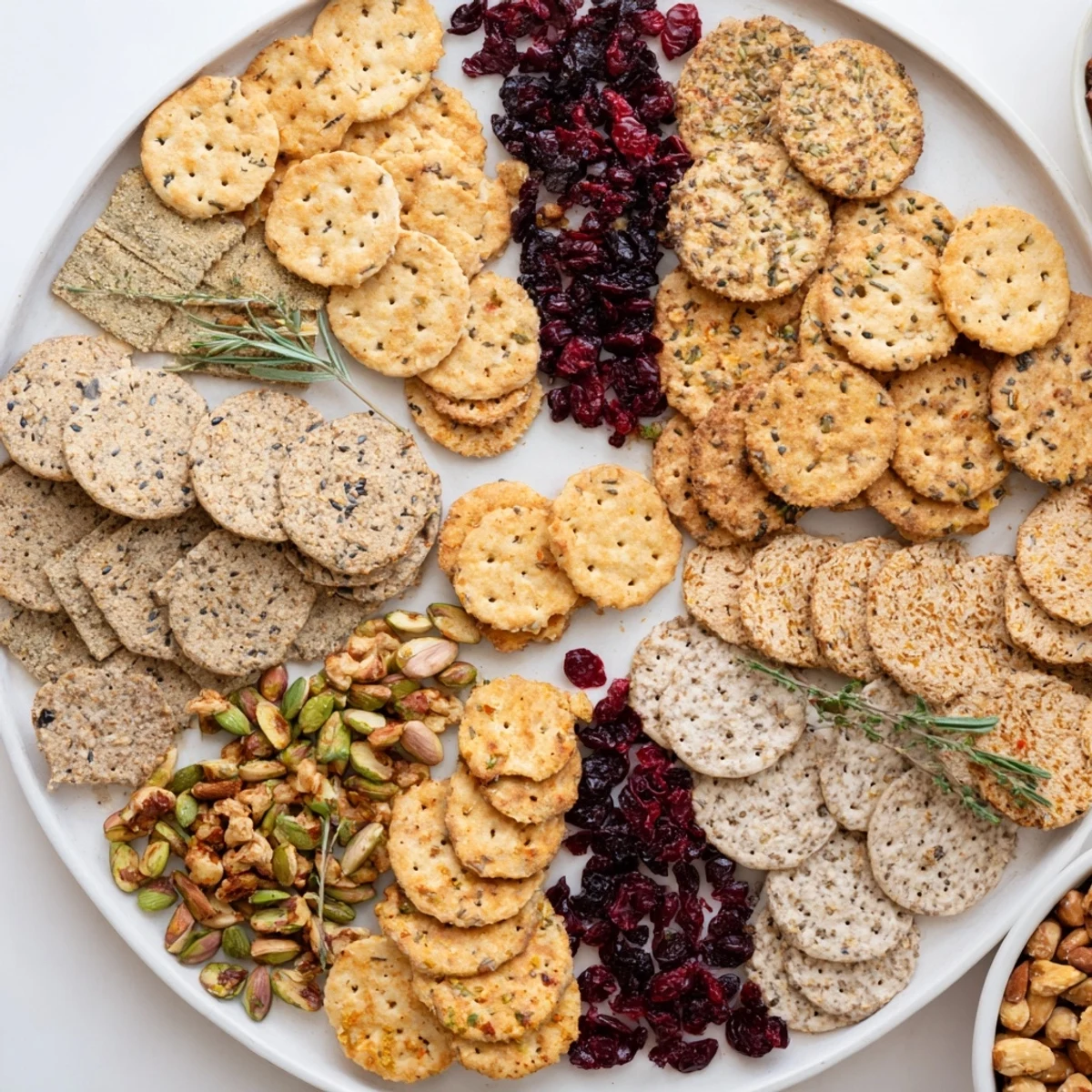 Holiday Crackers arranged on a platter, showcasing a diverse selection of crispy, flavorful crackers.