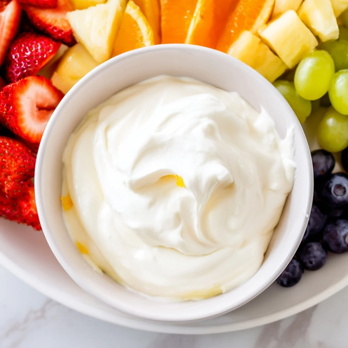 Creamy cream cheese fruit dip in a bowl served with vibrant fresh fruit arrangement.