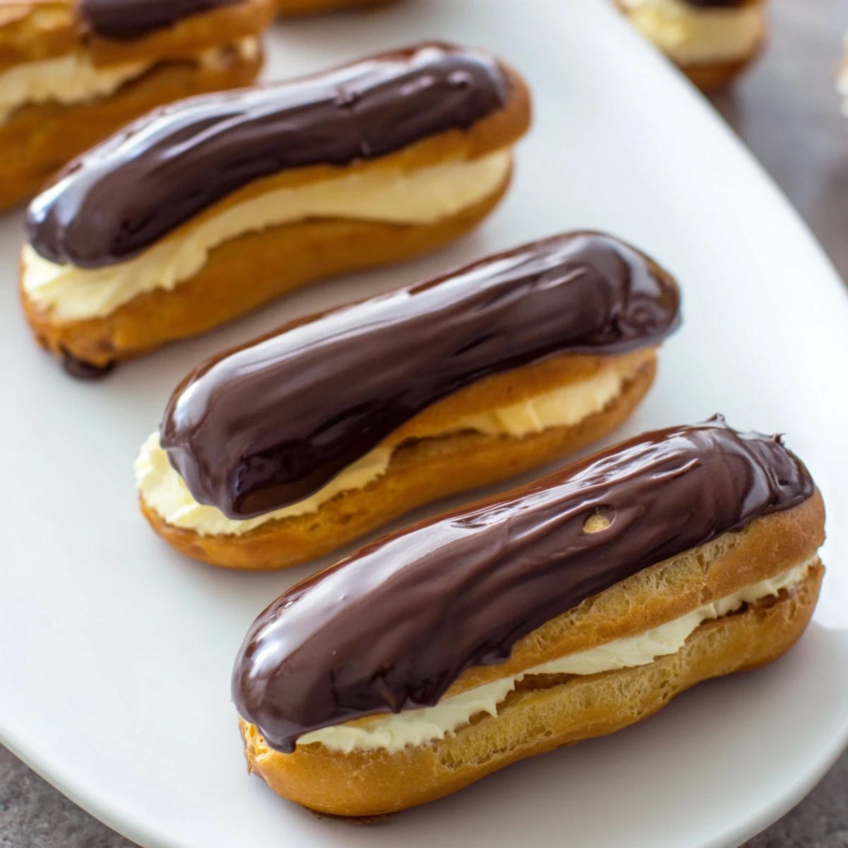 A close-up of sweet mini chocolate éclairs, glazed and artfully arranged in a row.