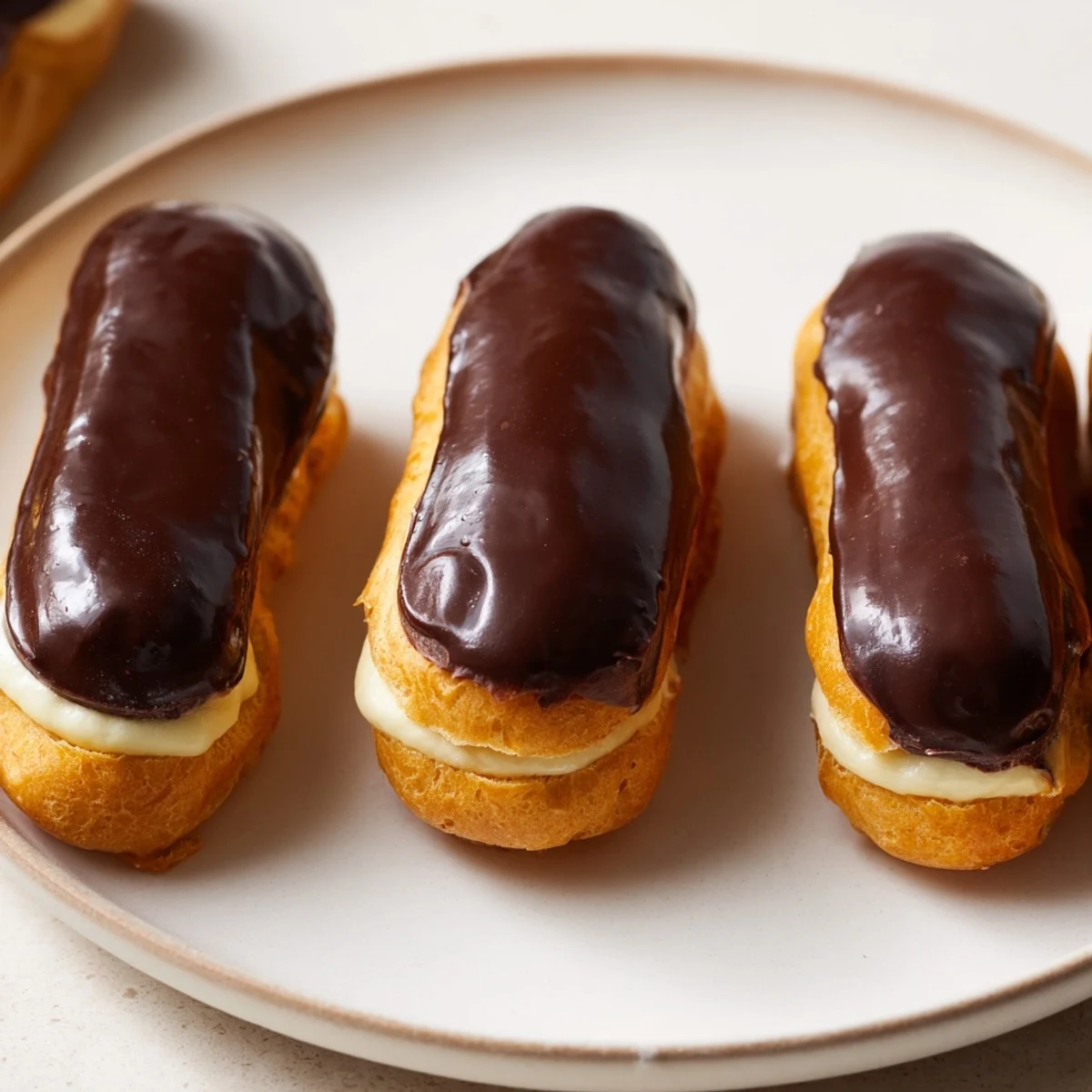 Beautiful, shiny mini chocolate éclairs, filled with vanilla cream and displayed on a platter.