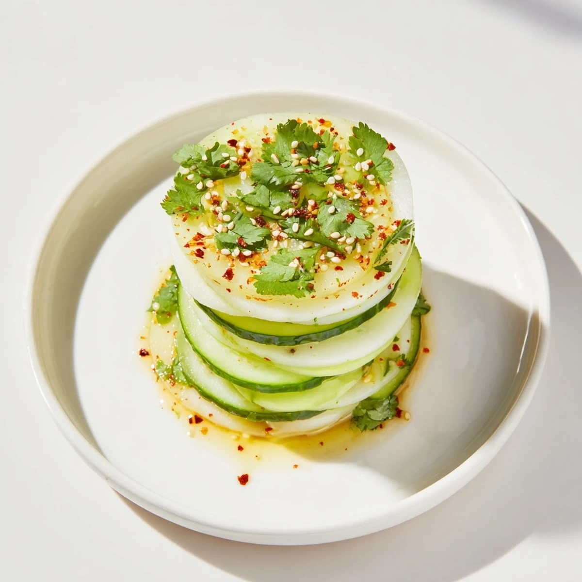 Refreshing vegan appetizer of layered Jicama and Cucumber Slice Stack, garnished with cilantro, a delight.