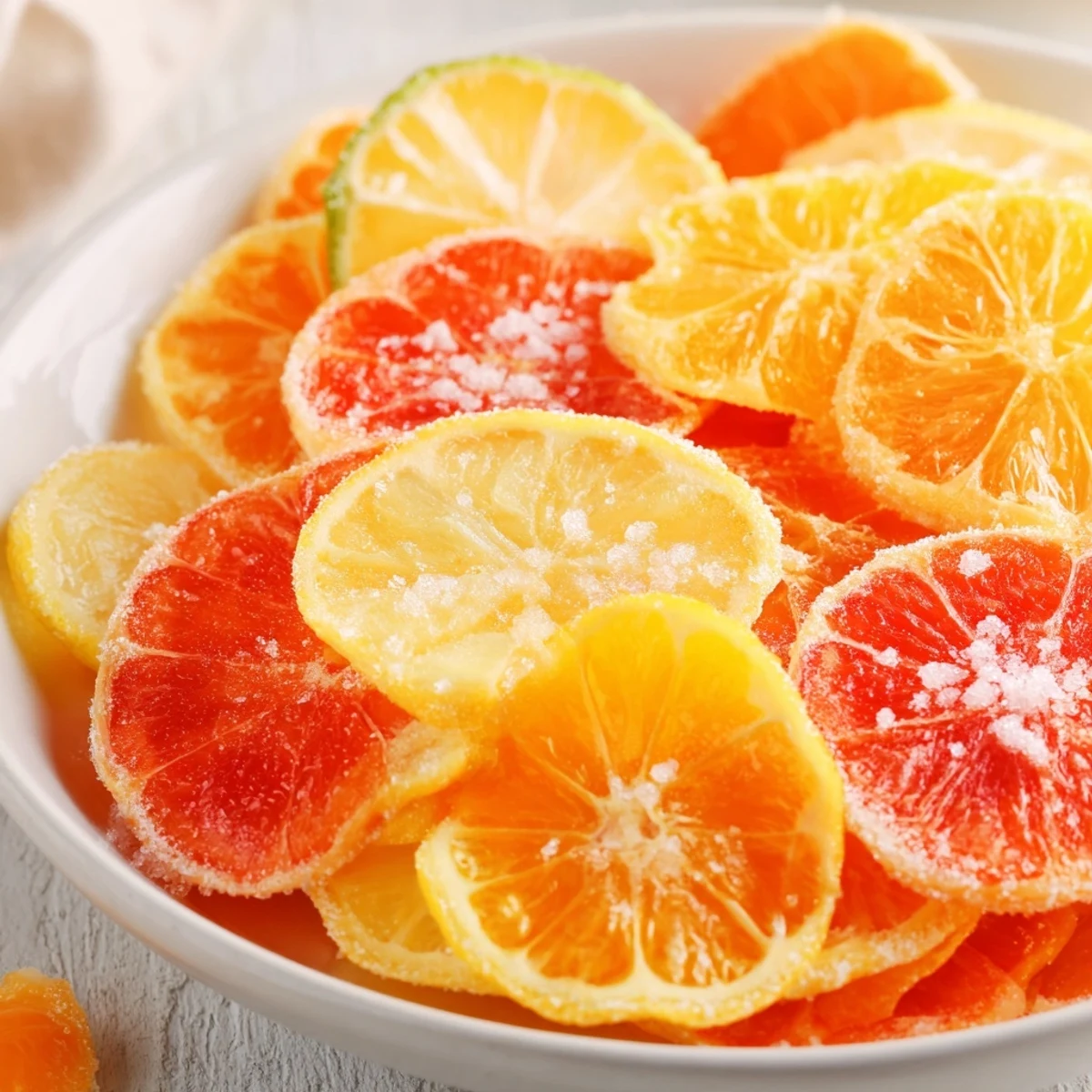Colorful array of freshly sliced citrus, ideal for mocktail garnishes bursting with refreshing citrus flavors.