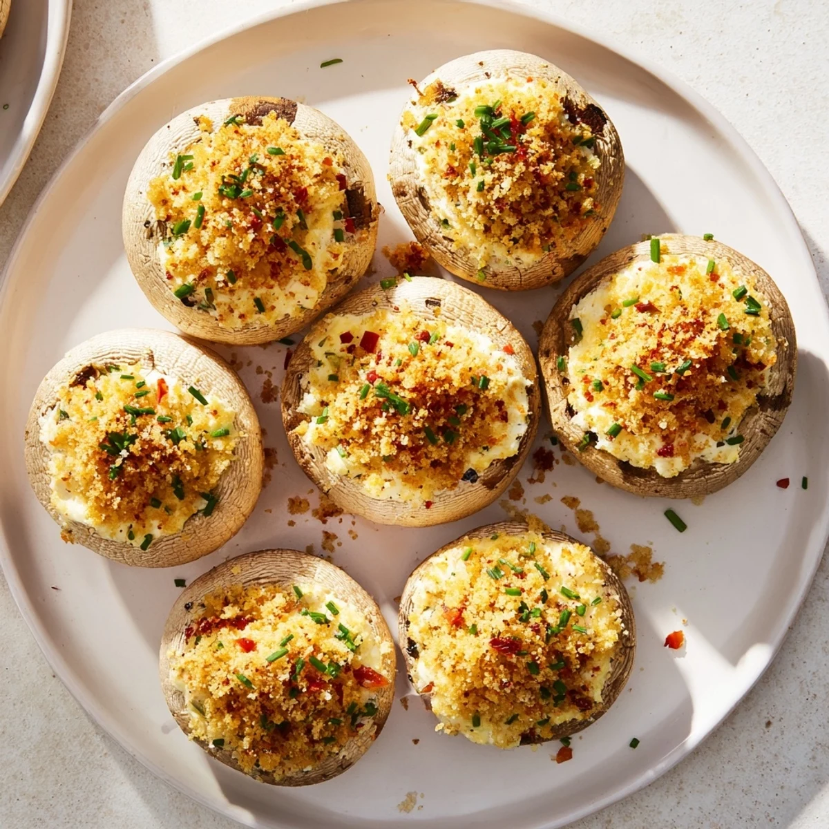 Close-up of baked stuffed mushroom caps, showing the creamy filling and delicious textures.