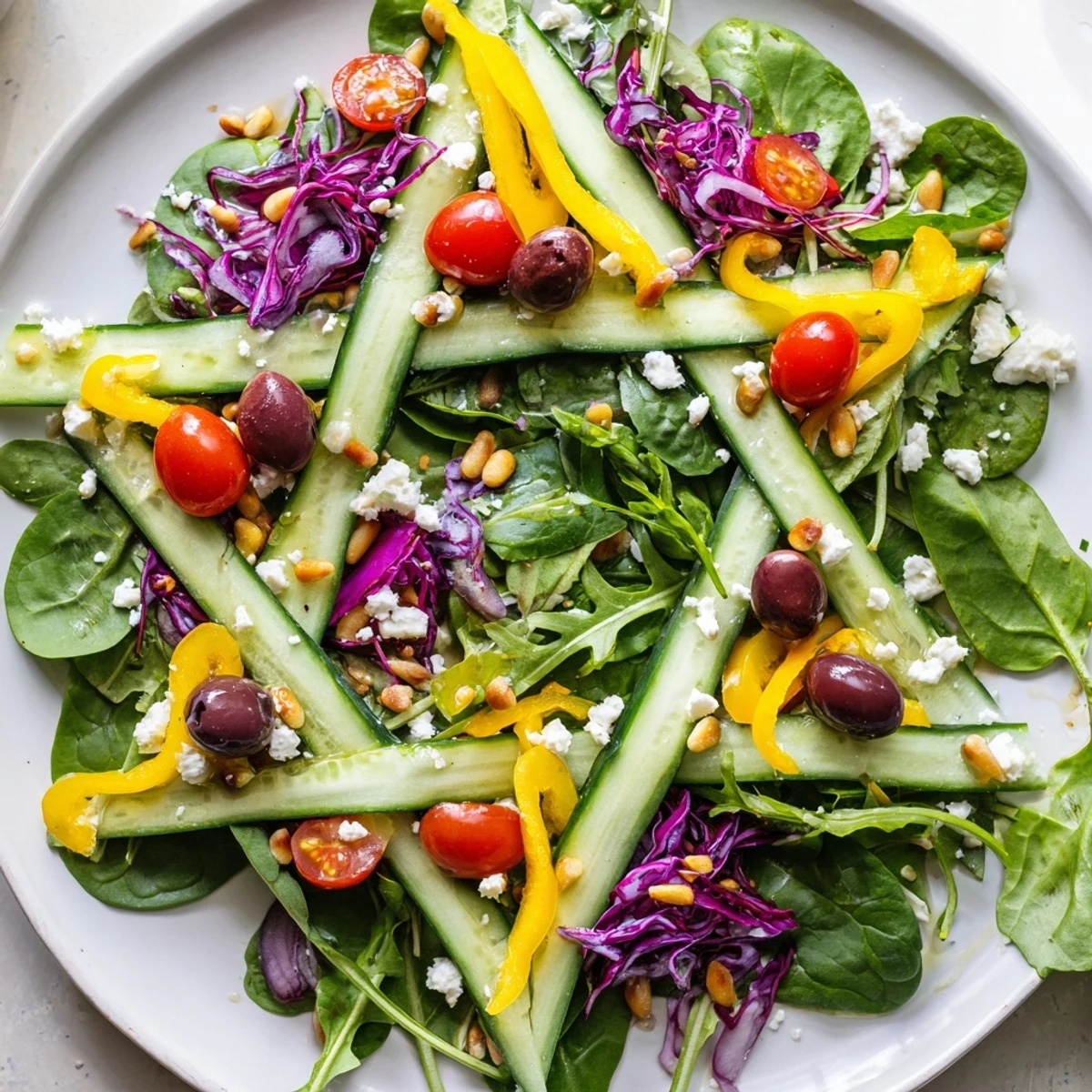 Vibrant Star of David Salad Platter with colorful veggies and creamy feta, ready to serve.