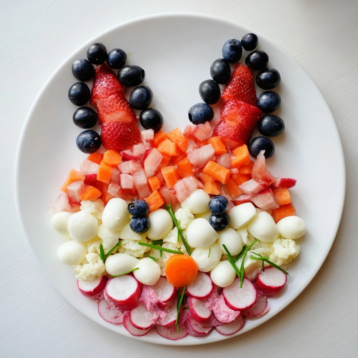 Festive Bunny Silhouette appetizer: a vibrant, spring platter artfully created with fresh fruits and cheeses.