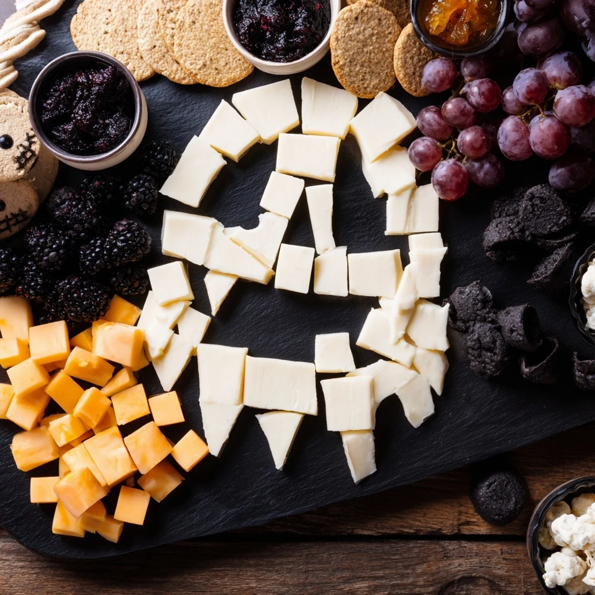 Spooky The Ghostly Outline Halloween Charcuterie Board features dark cheeses, fruits, and meats arranged hauntingly.