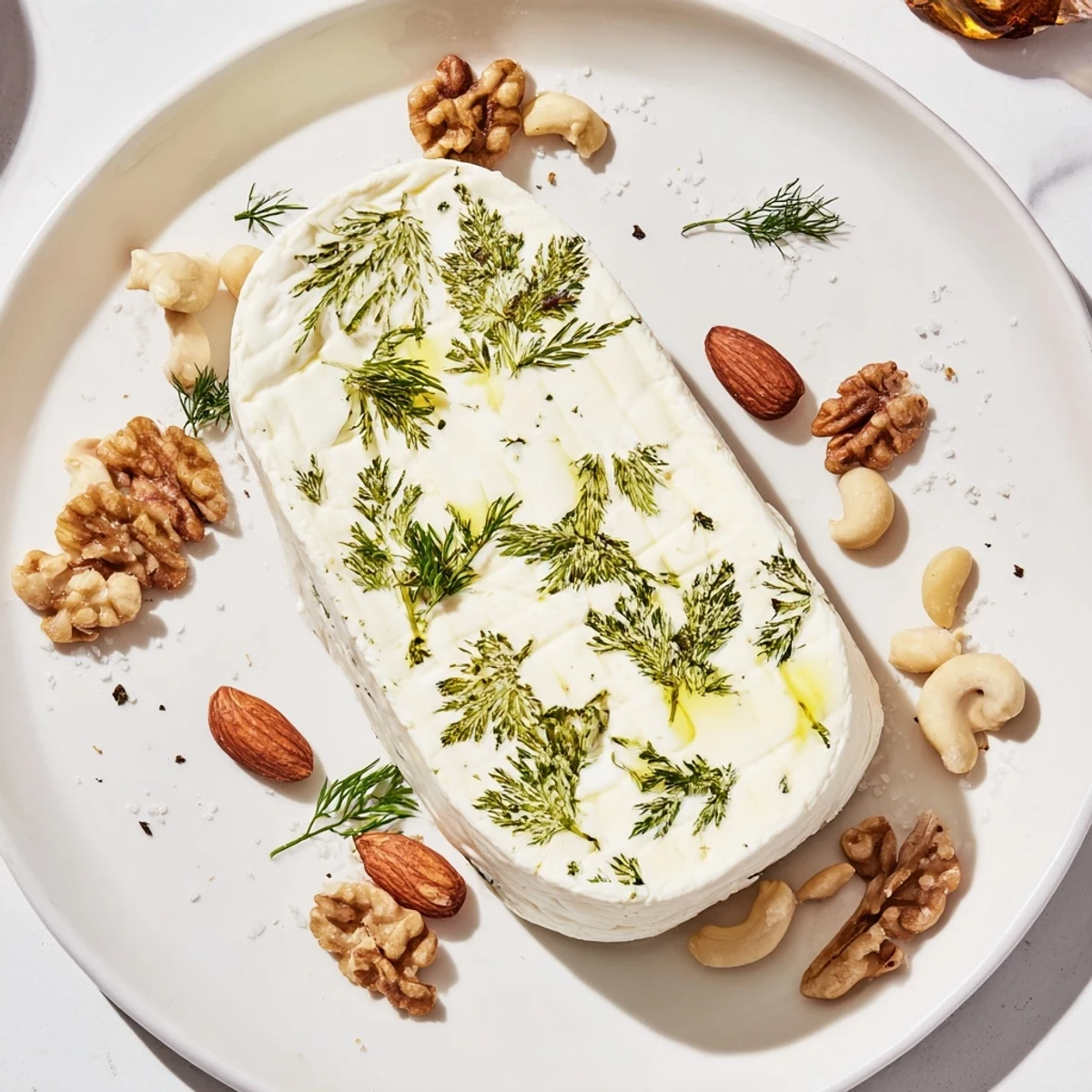 Creamy soft cheese "Fossil Record" appetizer with herb imprints and rustic nuts, ready for serving.